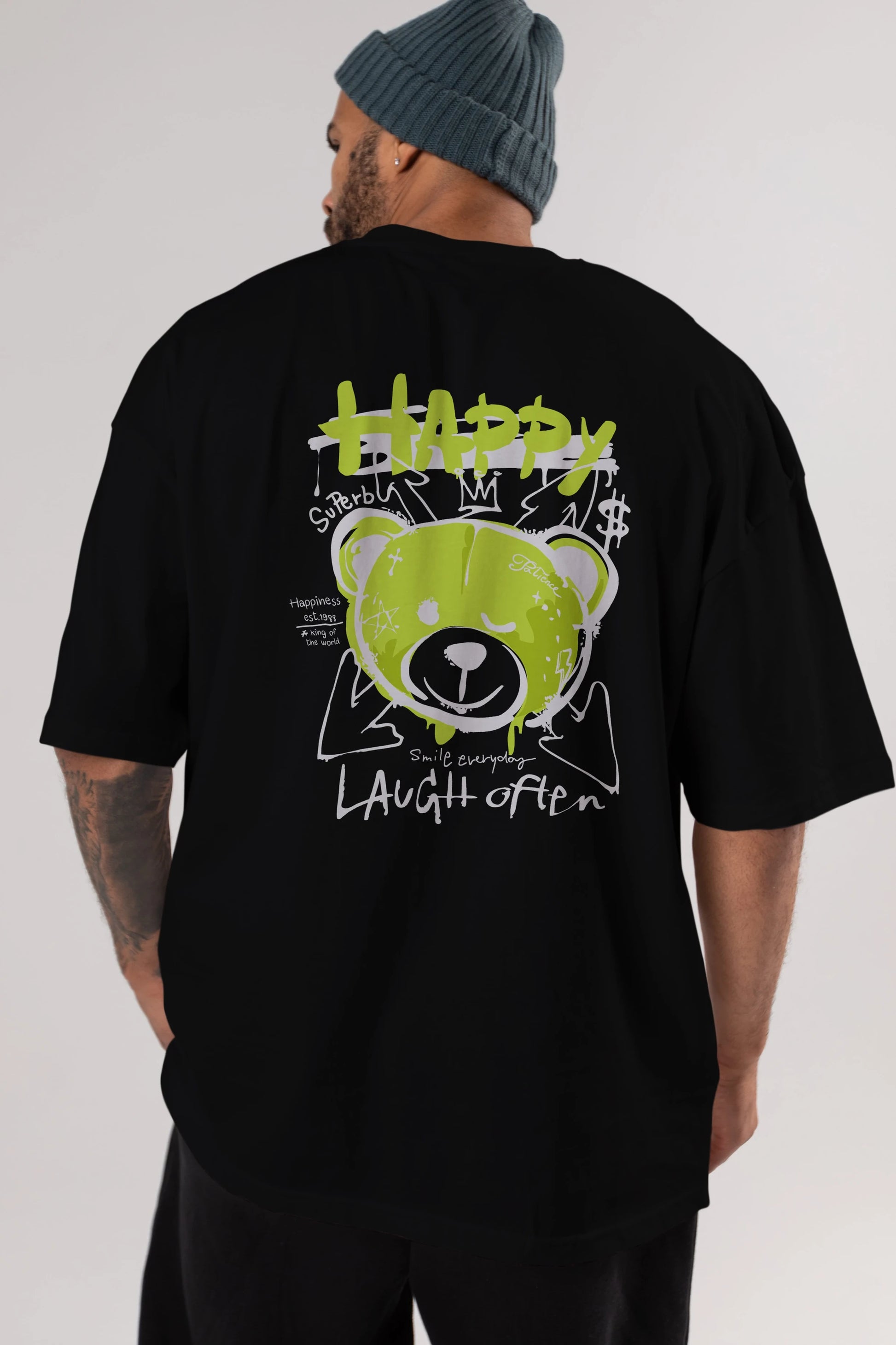 Happy Bear Arka Baskılı Oversize t-shirt Erkek Kadın Unisex