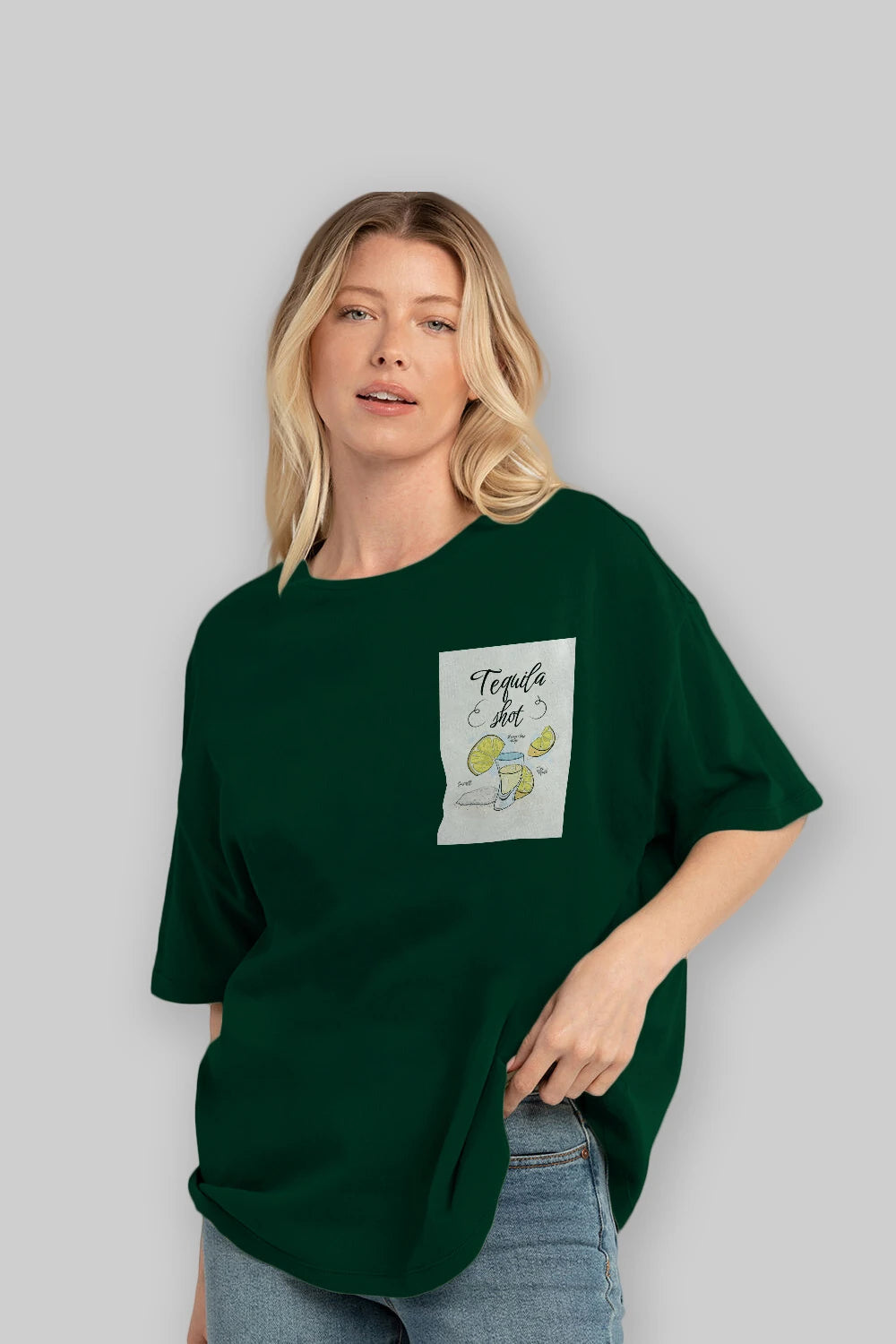 Tequila Shot Ön Sol Baskılı Oversize t-shirt Erkek Kadın Unisex %100 Pamuk Bisiklet Yaka tişort