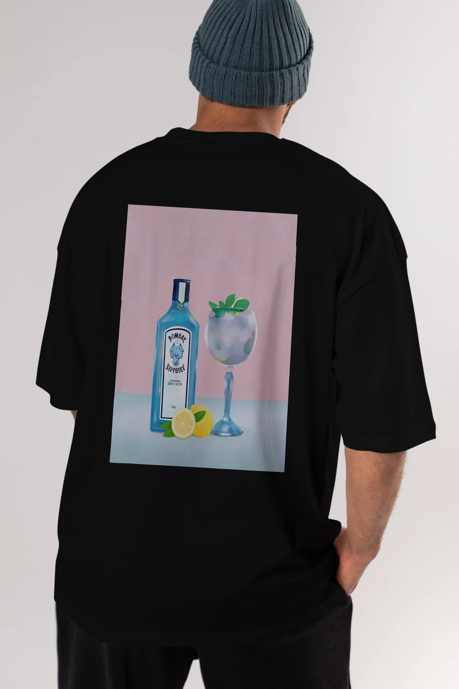 Bombay Sapphire Dry Gin Arka Baskılı Oversize t-shirt Erkek Kadın Unisex %100 Pamuk Bisiklet Yaka tişort