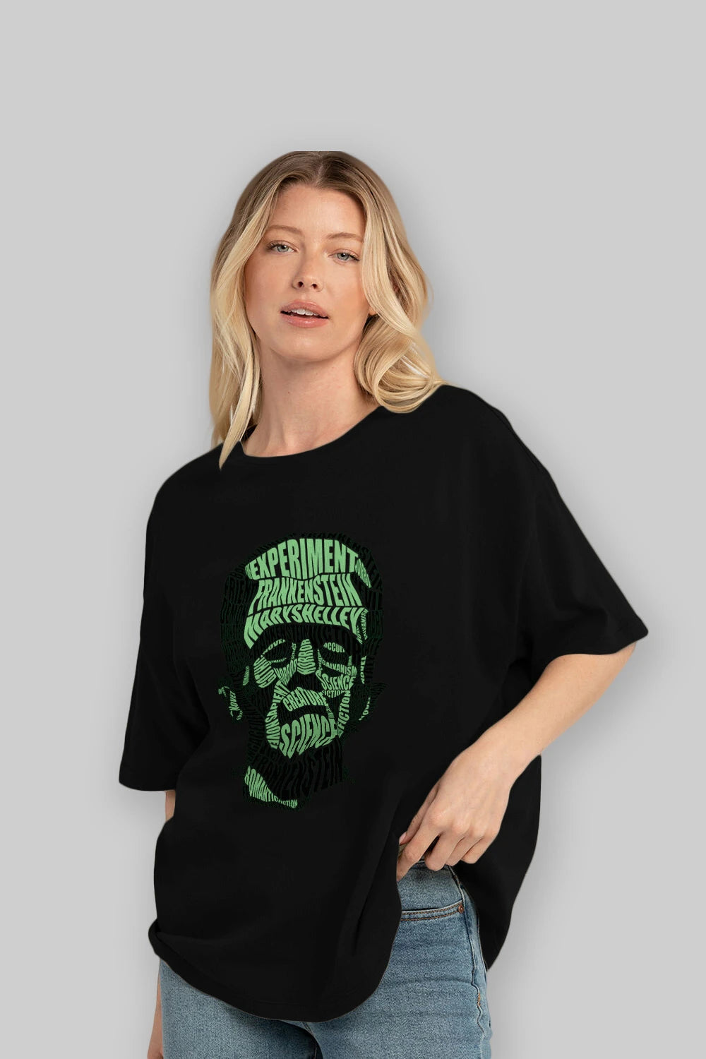 Frankenstein Calligram Ön Baskılı Oversize t-shirt %100 pamuk Erkek Kadın Unisex