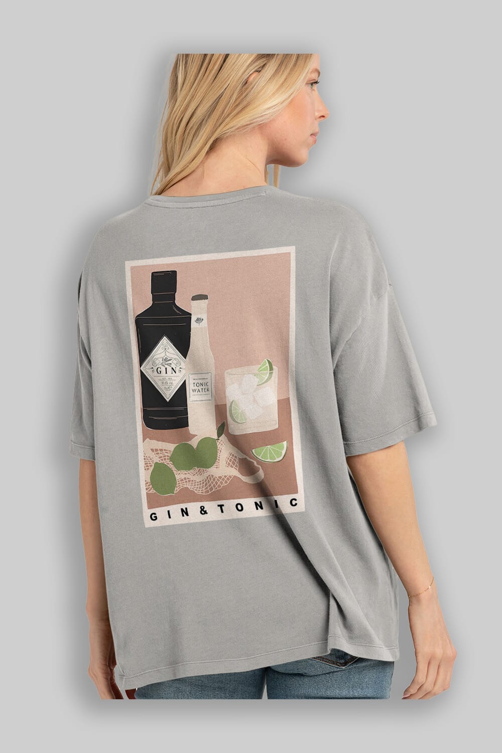 Gin Tonic Arka Baskılı Oversize t-shirt Erkek Kadın Unisex %100 Pamuk Bisiklet Yaka tişort