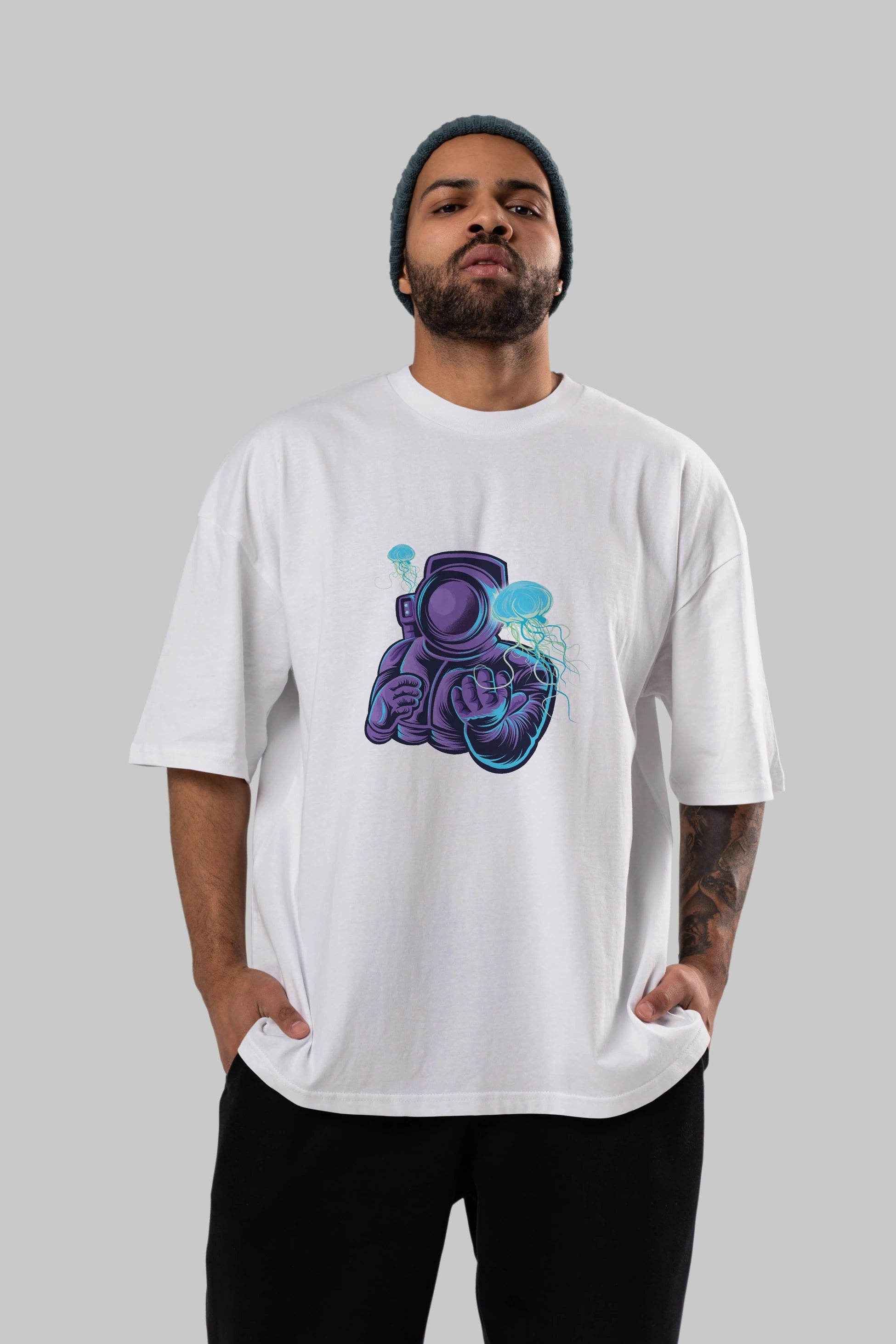 Astronaut and Jellyfish Ön Baskılı Oversize t-shirt Erkek Kadın Unisex