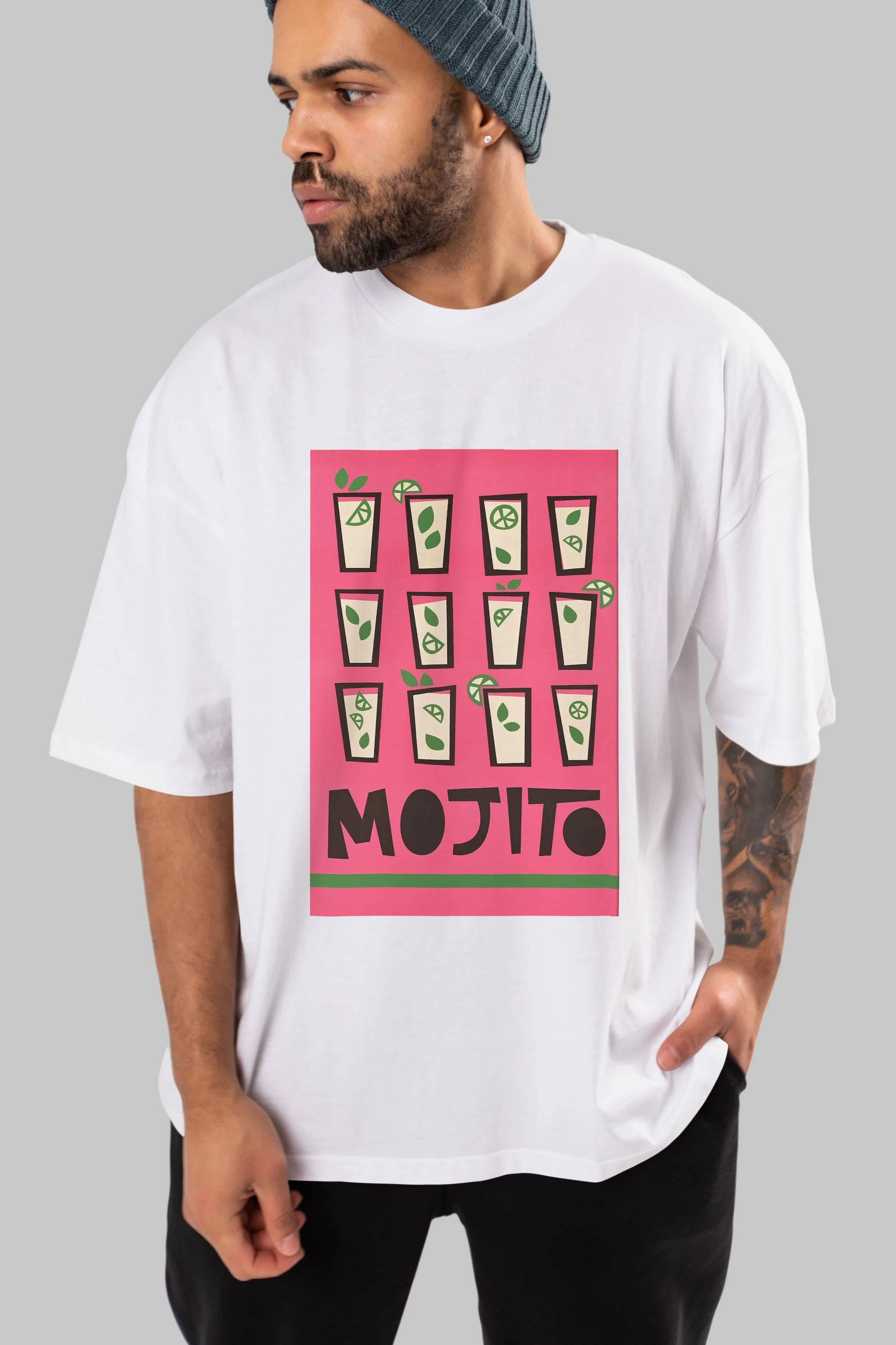 Mojito Ön Baskılı Oversize t-shirt Erkek Kadın Unisex %100 Pamuk Bisiklet Yaka tişort