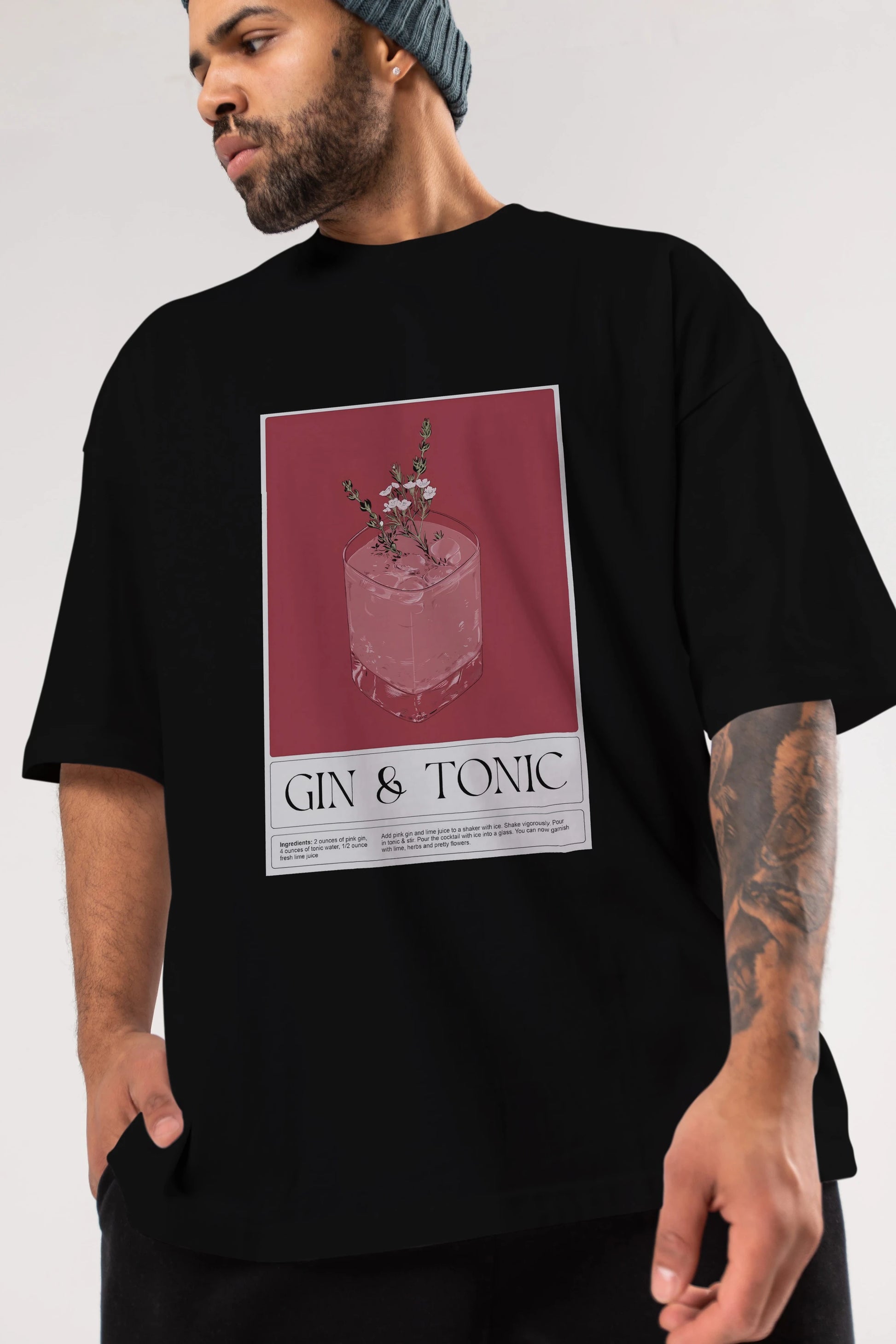 Gin Tonic 4 Ön Baskılı Oversize t-shirt Erkek Kadın Unisex %100 Pamuk Bisiklet Yaka tişort