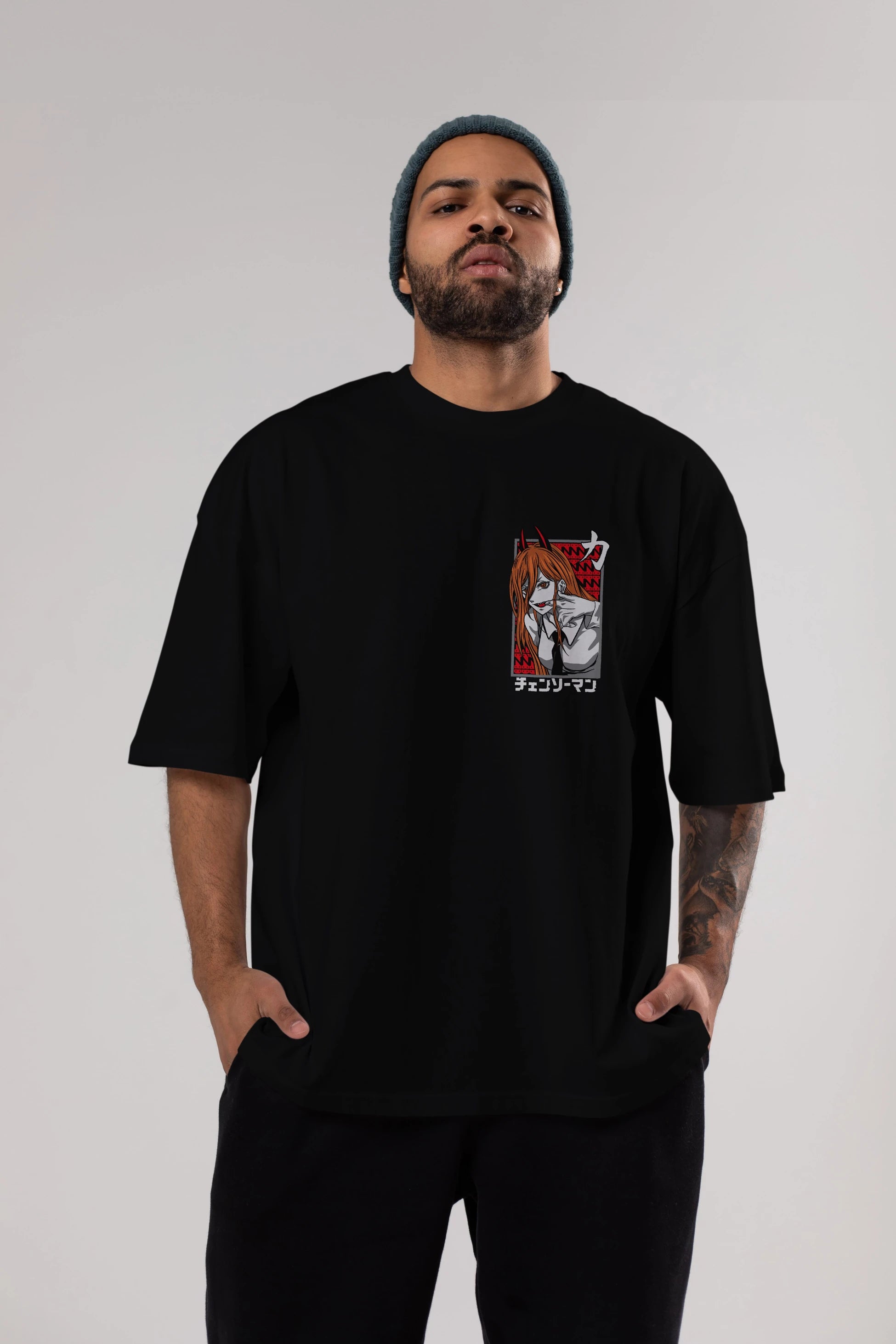 CHAINSAWMAN POWER Ön Sol Baskılı Oversize t-shirt Erkek Kadın Unisex %100 Pamuk Bisiklet Yaka tişort