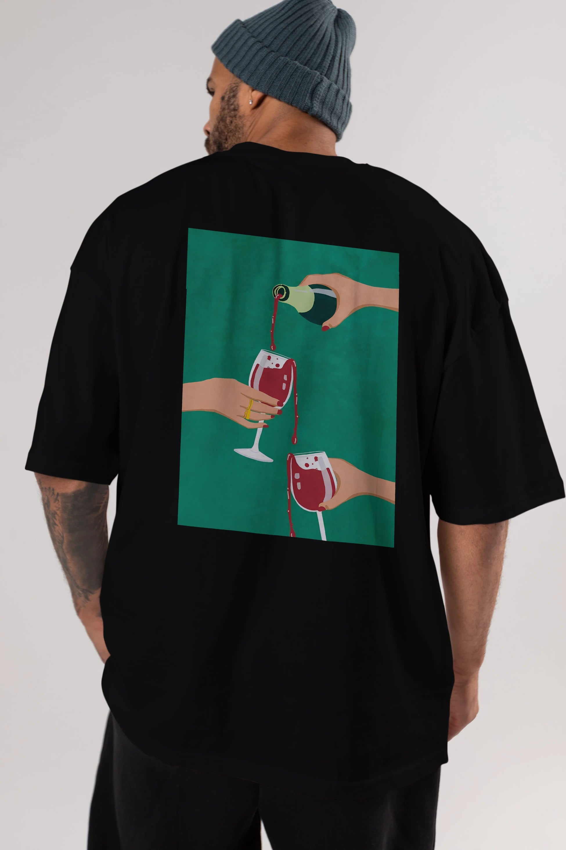 Wine 2 Arka Baskılı Oversize t-shirt Erkek Kadın Unisex %100 Pamuk Bisiklet Yaka tişort