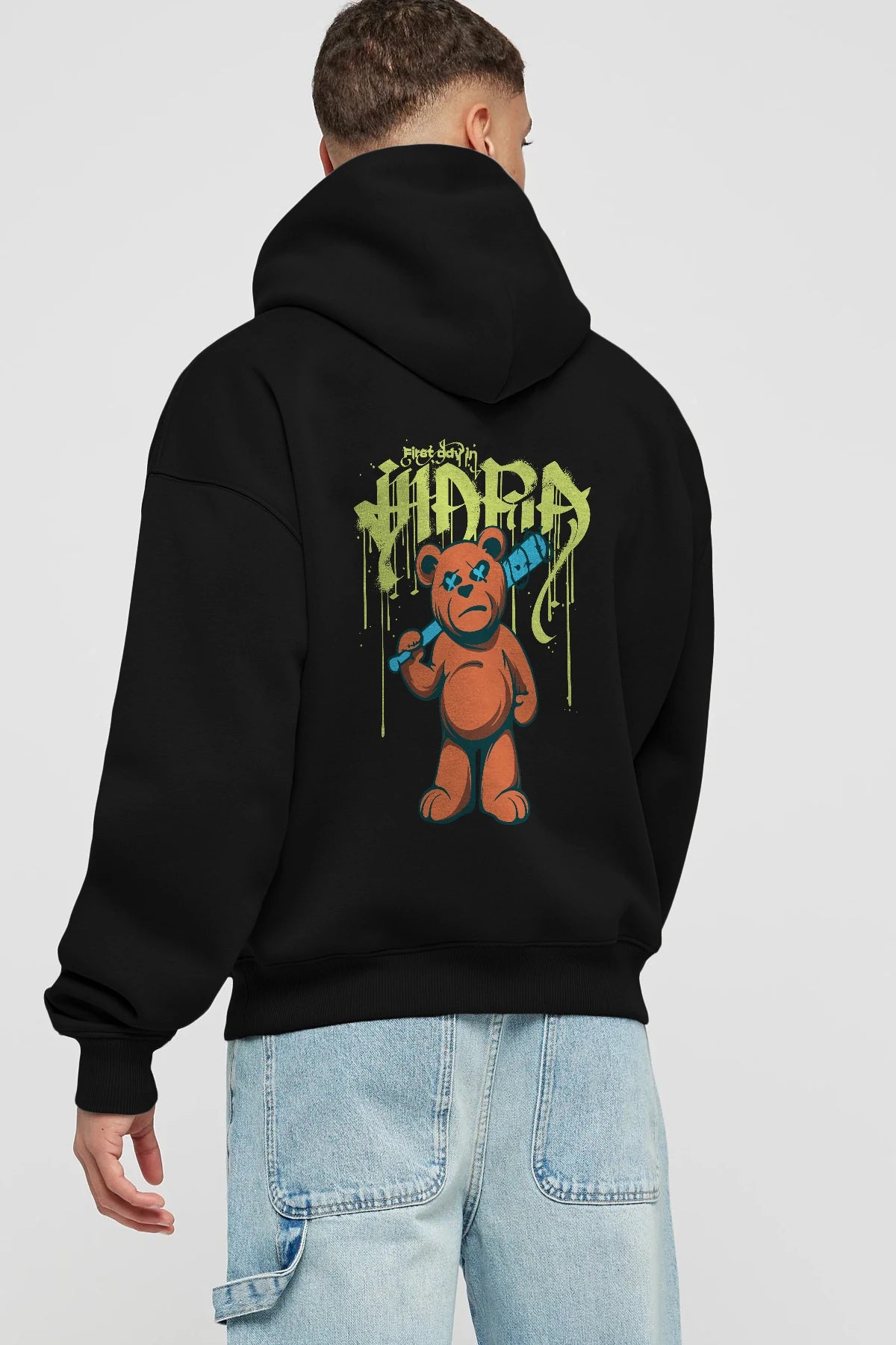 Hidra Bear Arka Baskılı Hoodie Oversize Kapüşonlu Sweatshirt Erkek Kadın Unisex