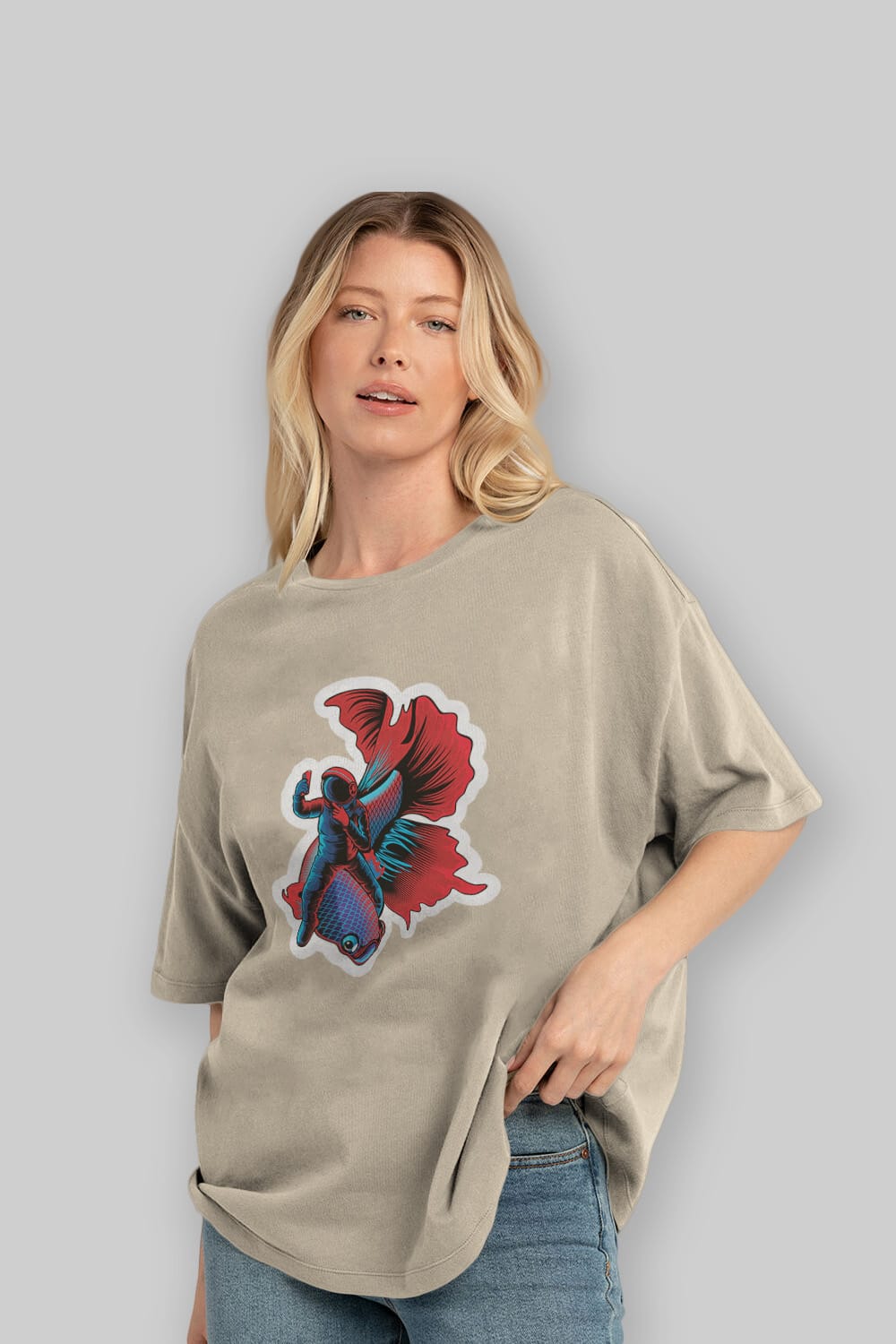 Astrofish selfie sticker Ön Baskılı Oversize t-shirt Erkek Kadın Unisex