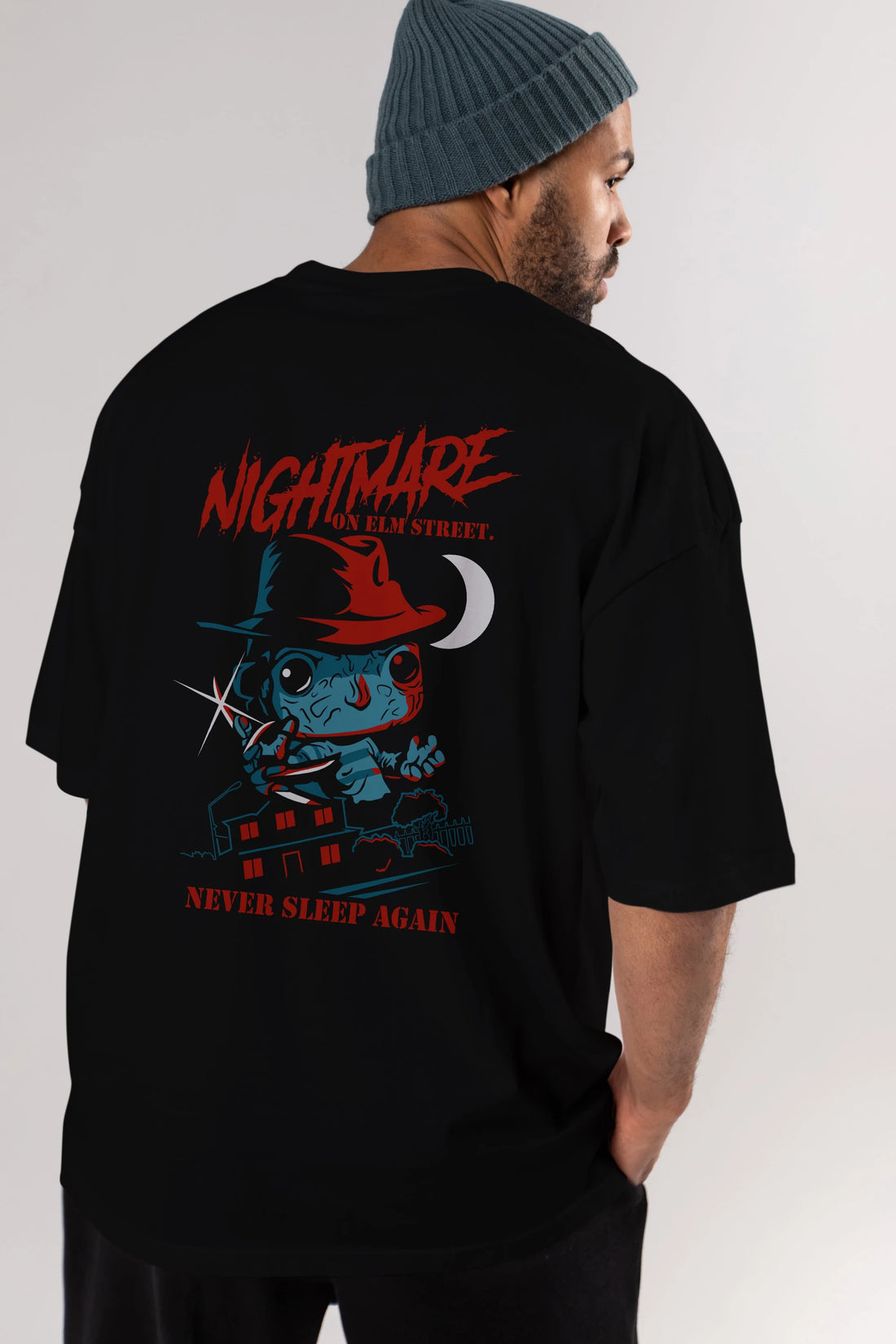 Nightmare Elm Sokağı Arka Baskılı Oversize t-shirt Erkek Kadın Unisex %100 Pamuk Bisiklet Yaka tişort