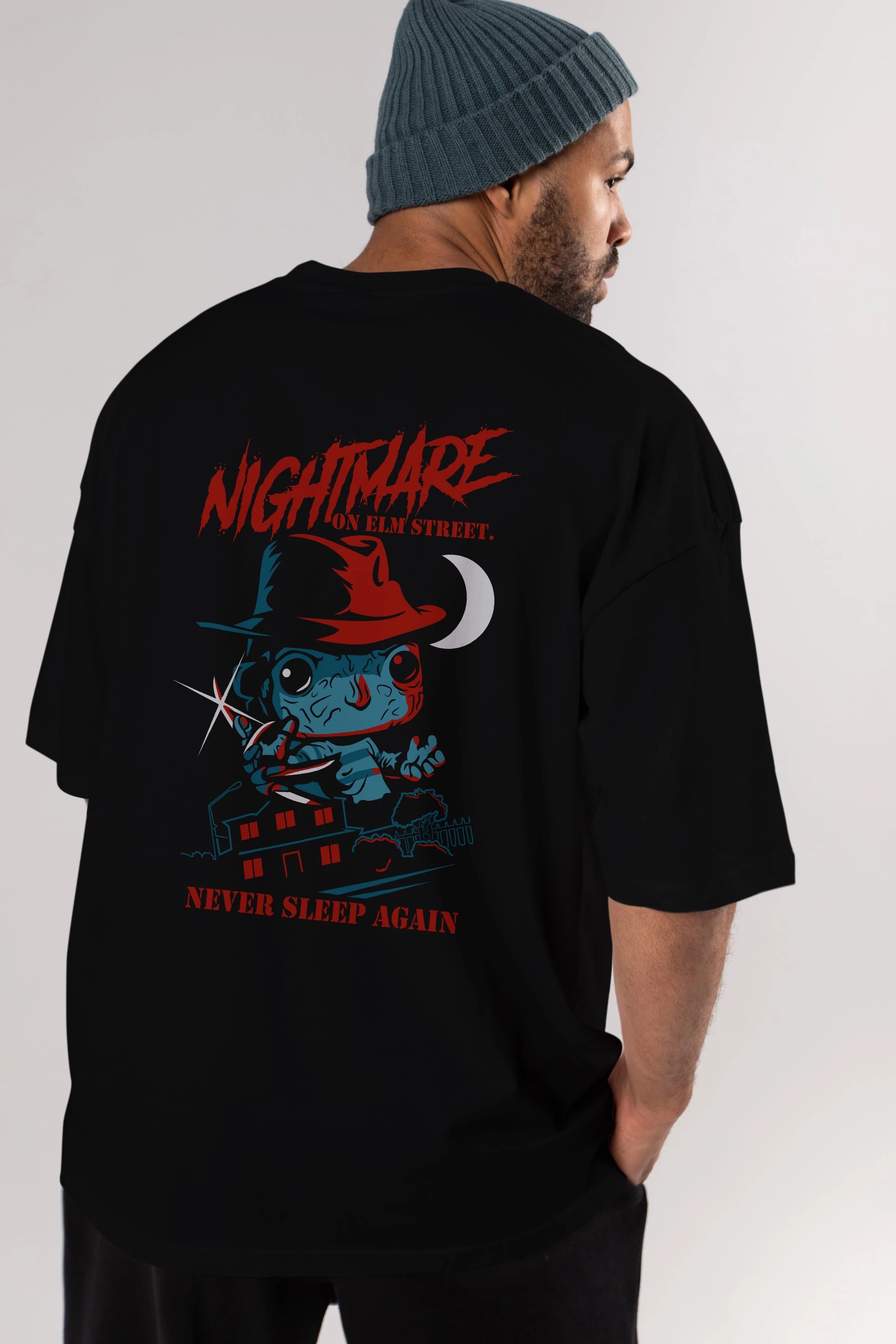 Nightmare Elm Sokağı Arka Baskılı Oversize t-shirt Erkek Kadın Unisex %100 Pamuk Bisiklet Yaka tişort