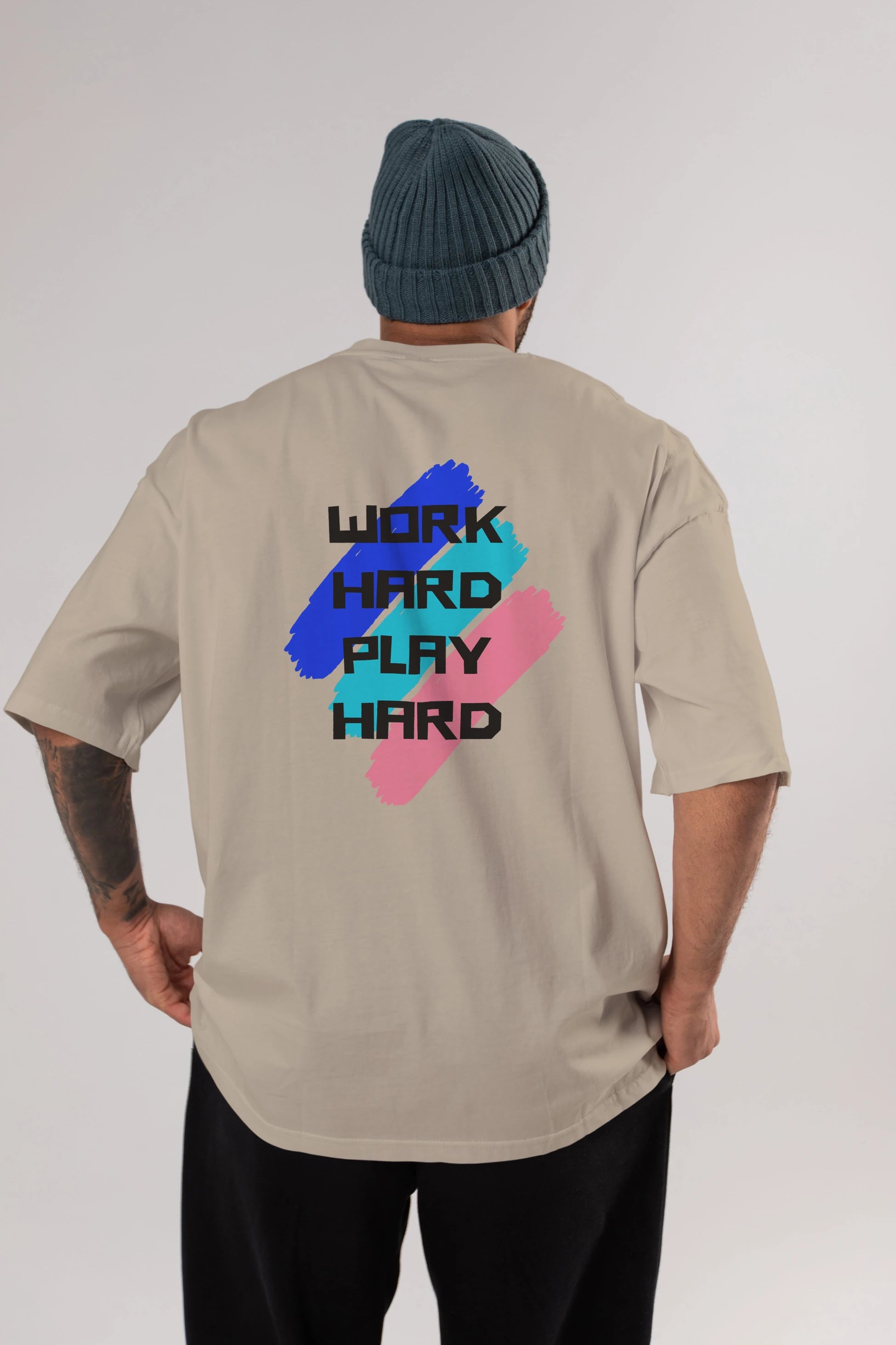 Work Hard Play Hard 2 Arka Baskılı Oversize t-shirt Erkek Kadın Unisex