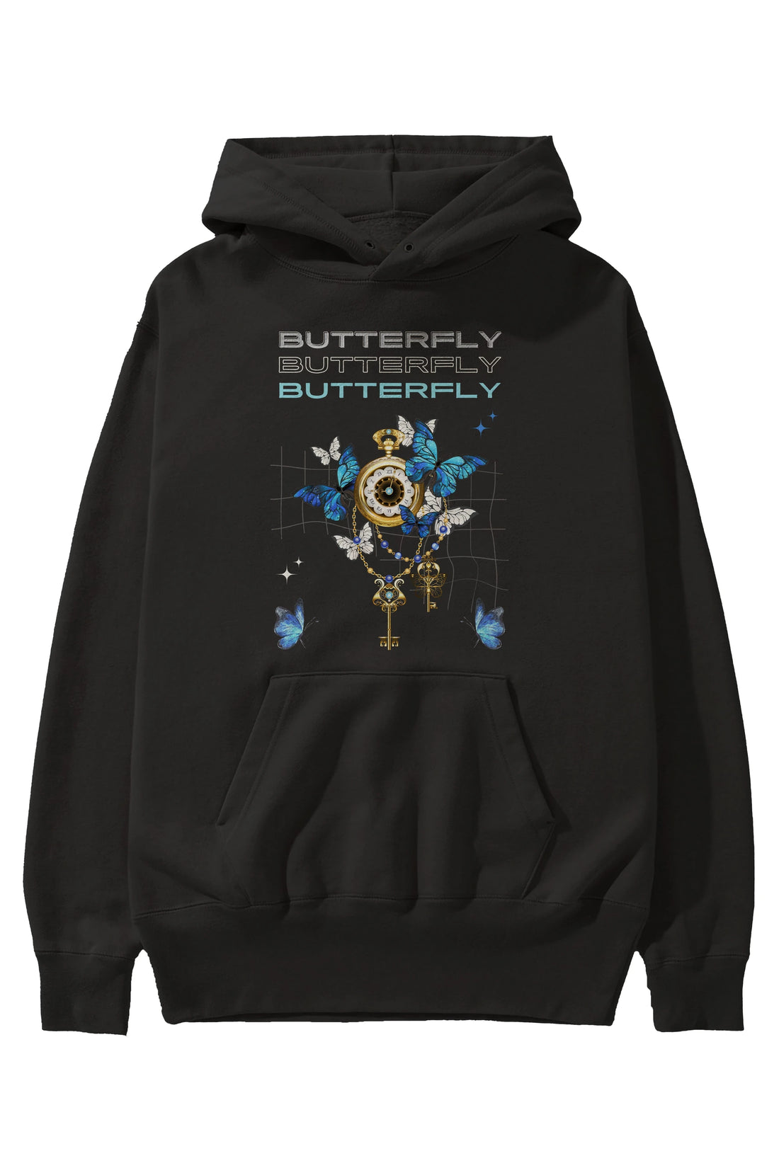 Butterfly Yazılı Ön Baskılı Oversize Hoodie Kapüşonlu Sweatshirt Erkek Kadın Unisex