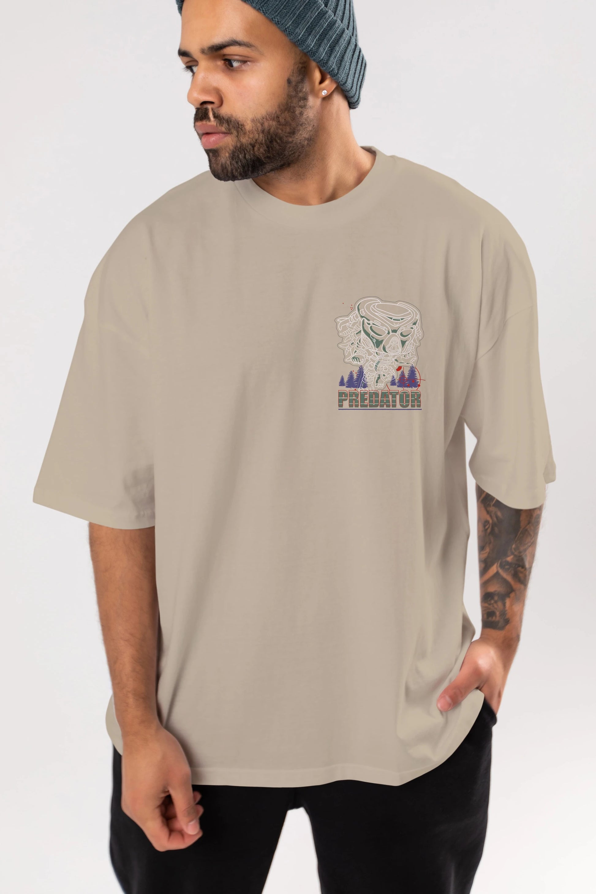 Predator Ön Sol Baskılı Oversize t-shirt Erkek Kadın Unisex %100 Pamuk Bisiklet Yaka tişort