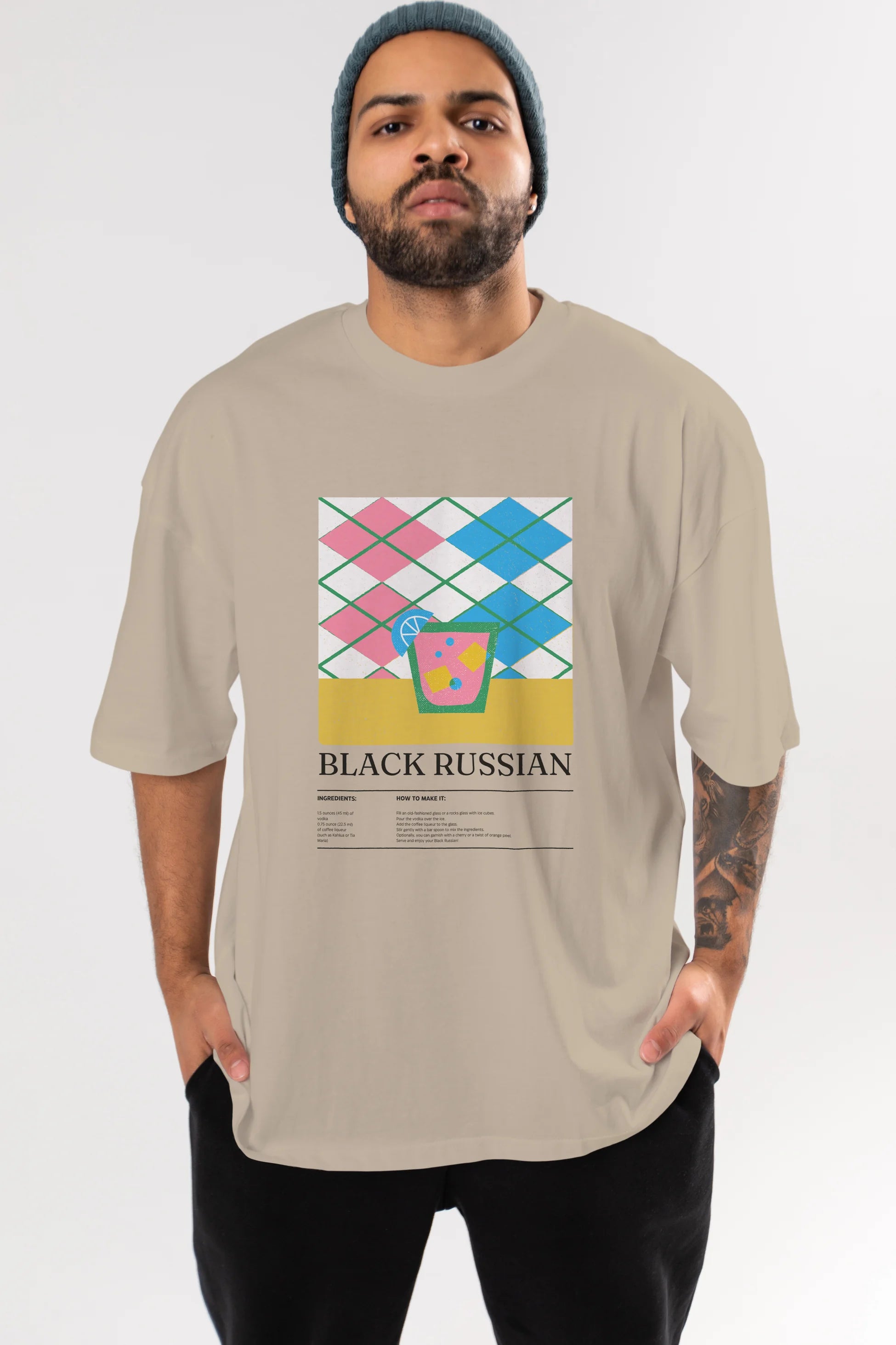 Black Russian Kokteyl Ön Baskılı Oversize t-shirt Erkek Kadın %100 Pamuk Bisiklet Yaka tişort