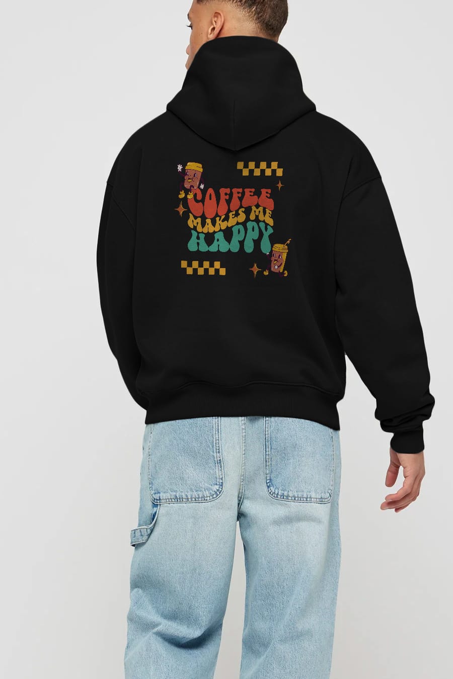 Coffee Makes Me Happy Yazılı Arka Baskılı Oversize Hoodie Kapüşonlu Sweatshirt Erkek Kadın Unisex