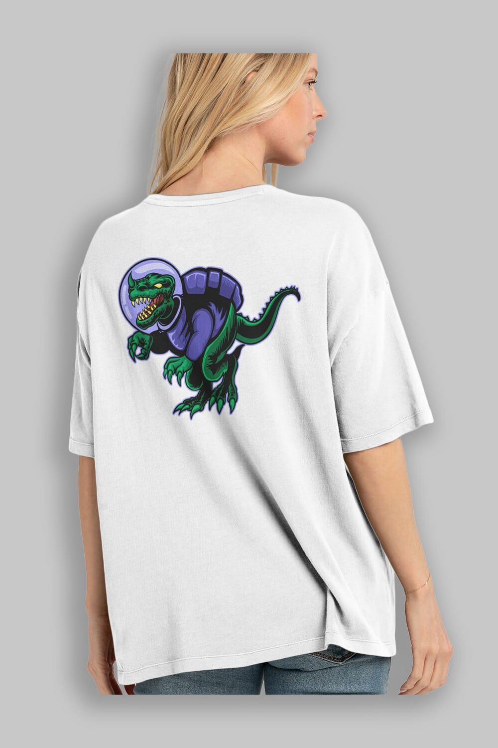 Space Dino Arka Baskılı Oversize t-shirt Erkek Kadın Unisex