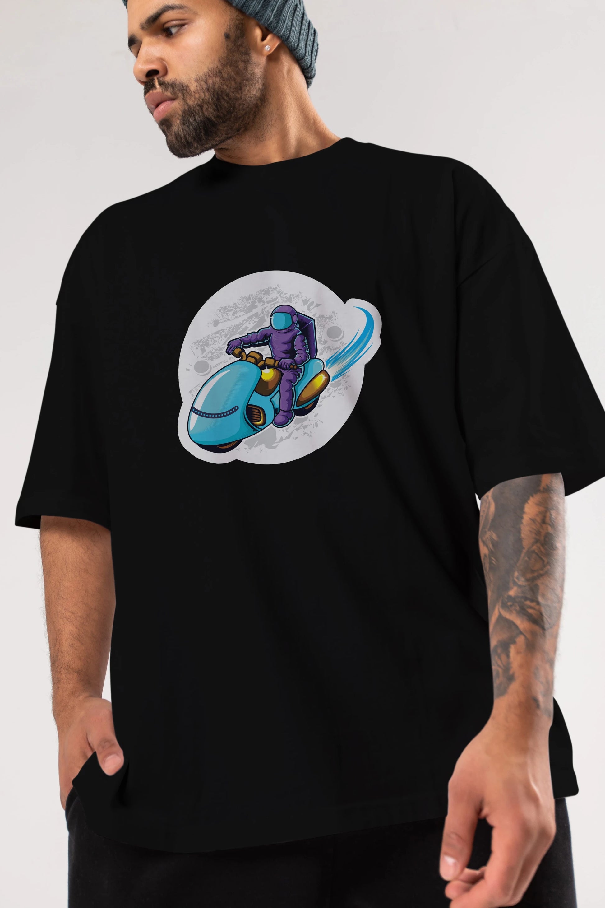 Astrorider in Space Sticker Ön Baskılı Oversize t-shirt Erkek Kadın Unisex