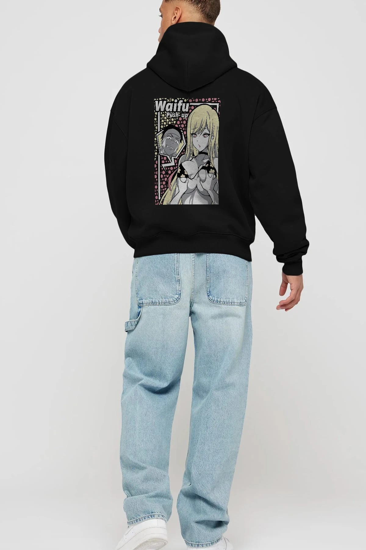 Waifu PushUp Anime Arka Baskılı Hoodie Oversize Kapüşonlu Sweatshirt Erkek Kadın Unisex