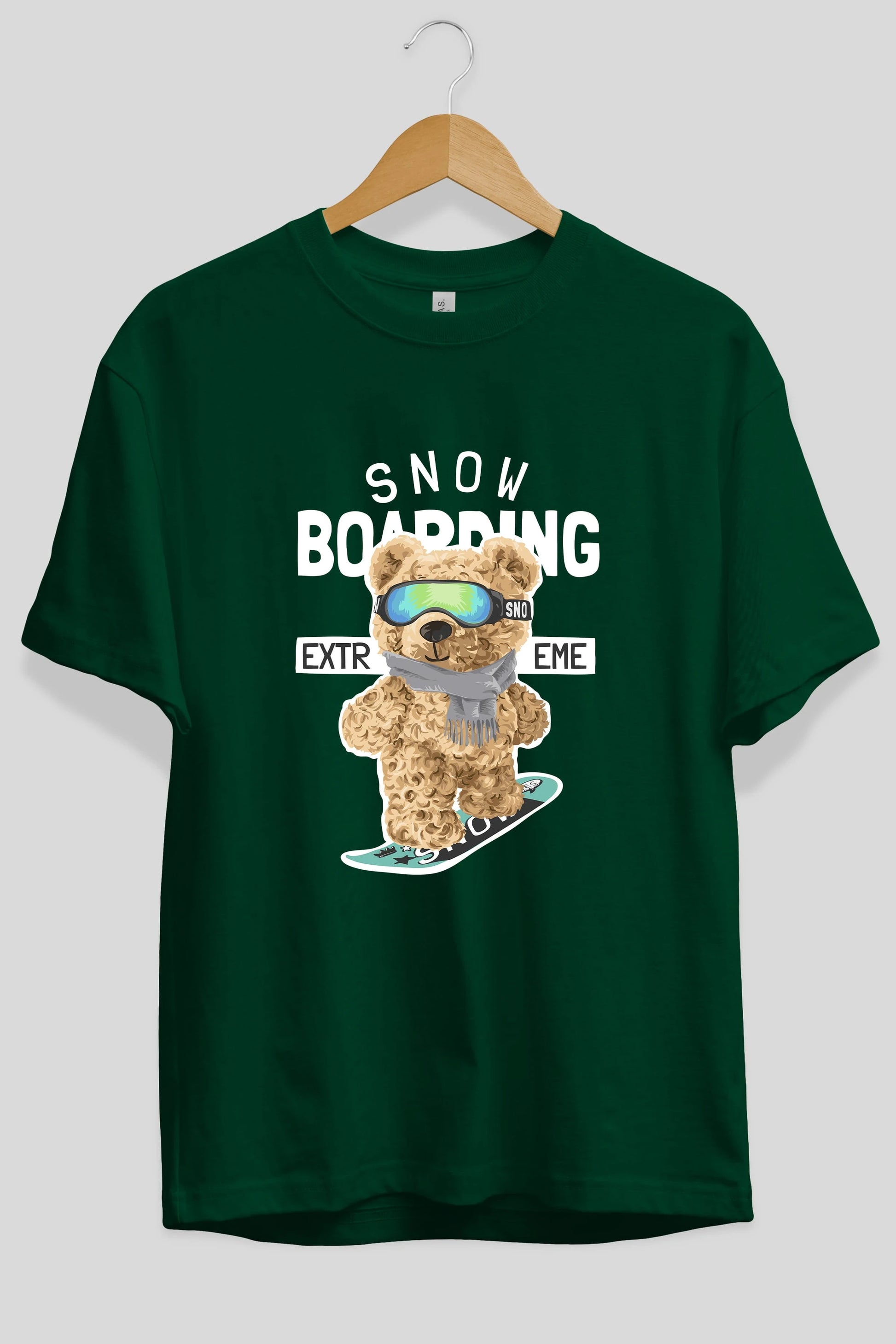 Teddy Bear Snow Boarding Ön Baskılı Oversize t-shirt Erkek Kadın Unisex %100 Pamuk