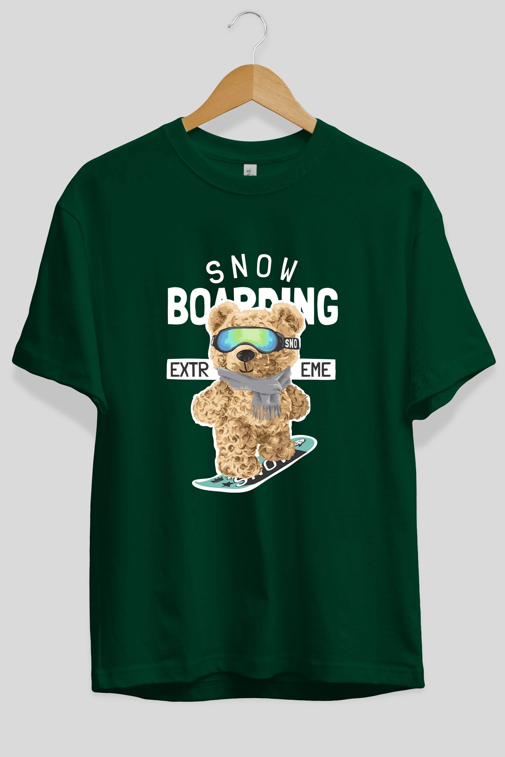 Teddy Bear Snow Boarding Ön Baskılı Oversize t-shirt Erkek Kadın Unisex %100 Pamuk