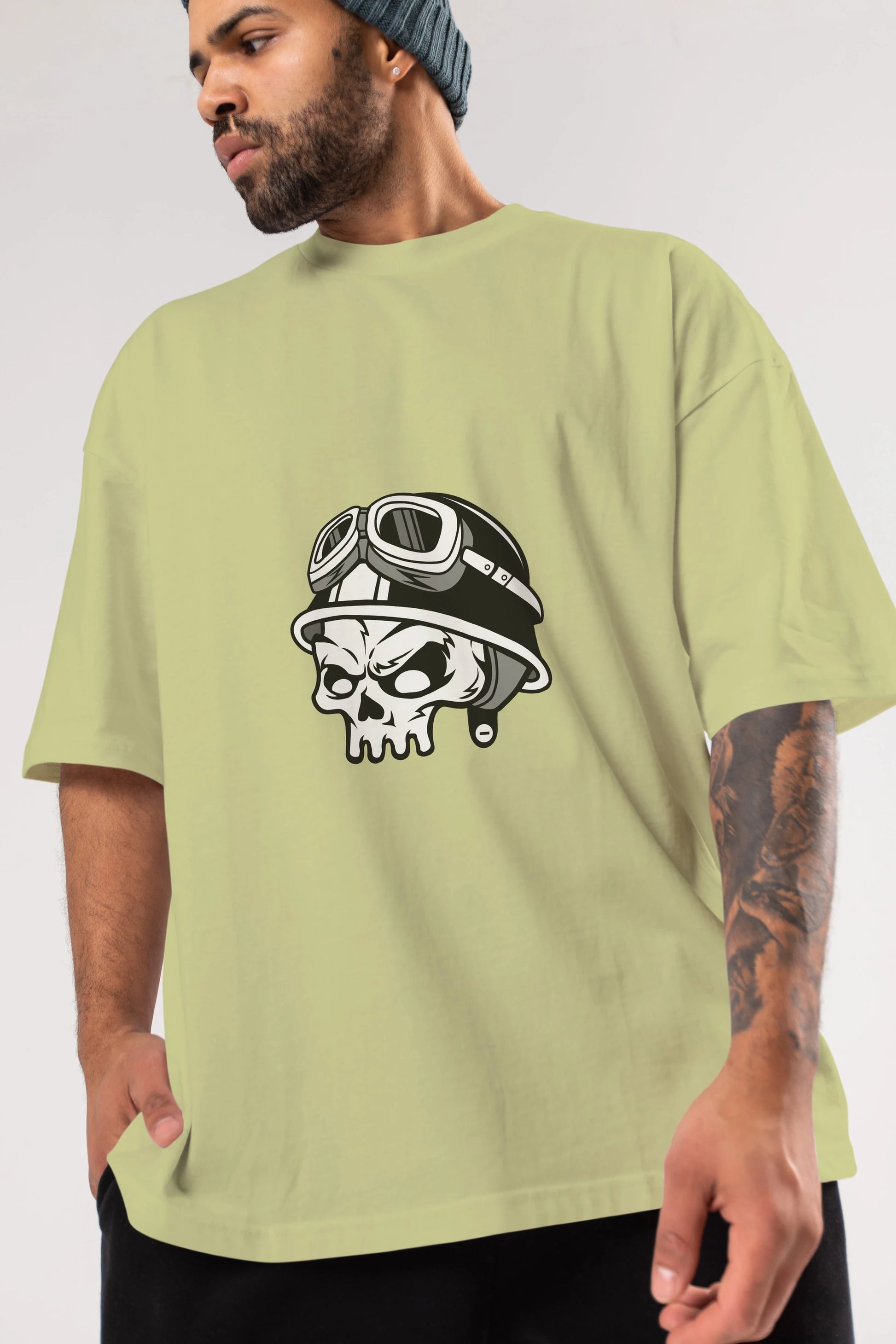 Biker Helmet Ön Baskılı Oversize t-shirt Erkek Kadın Unisex %100 Pamuk tişort