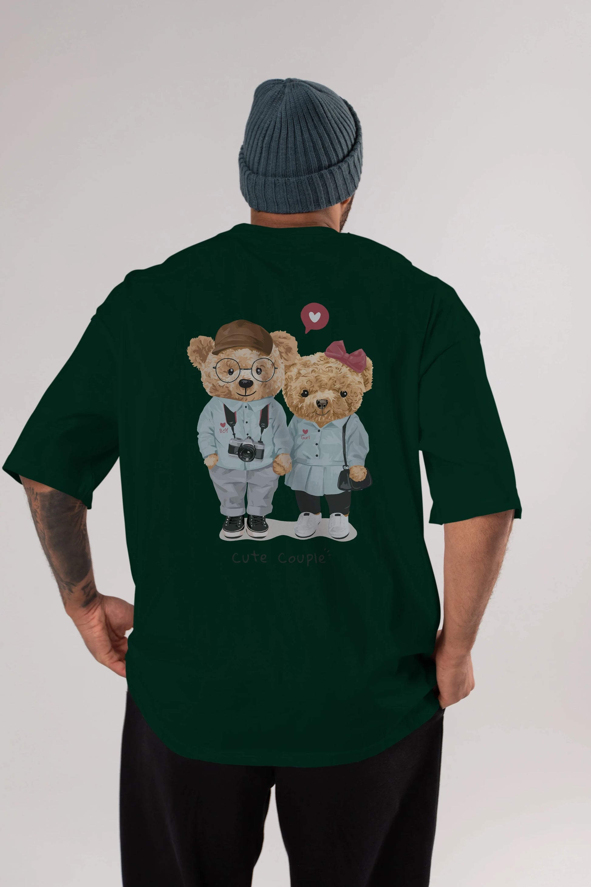 Teddy Bear Cute Couple Arka Baskılı Oversize t-shirt Erkek Kadın Unisex %100 Pamuk