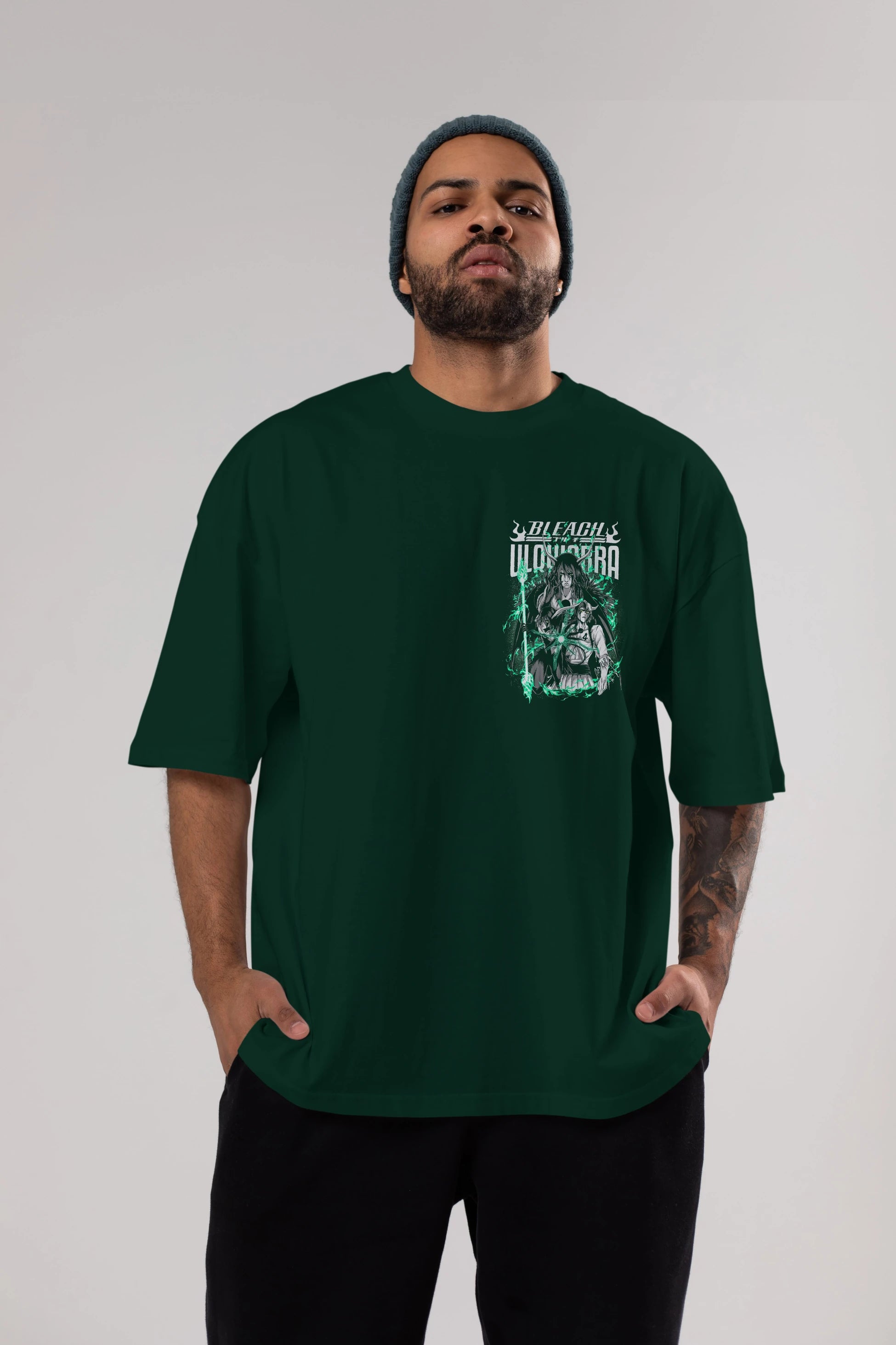 BLEACH(ULQUIARRA) Ön Sol Baskılı Oversize t-shirt Erkek Kadın Unisex %100 Pamuk Bisiklet Yaka tişort
