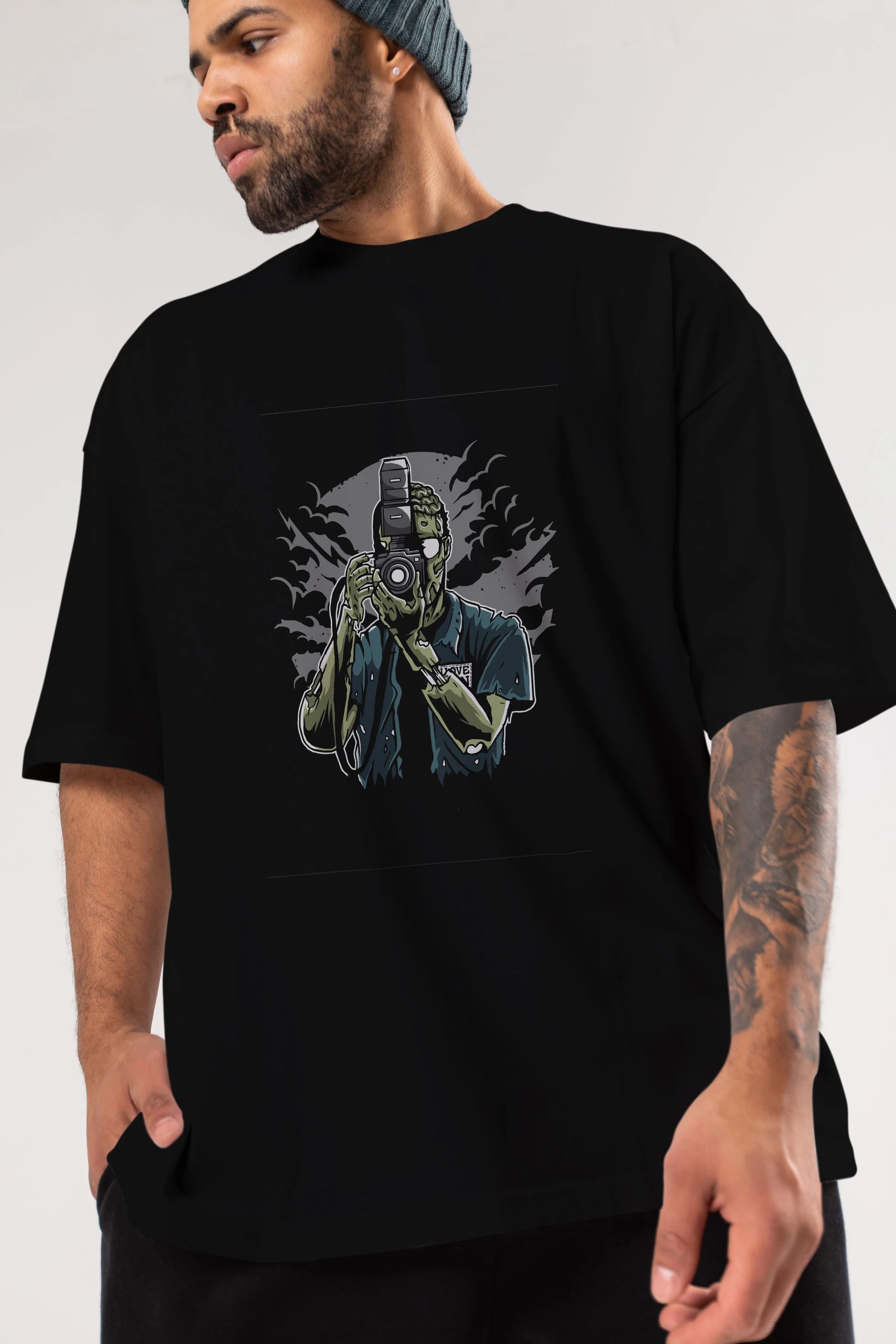 Zombie Photographer Ön Baskılı Oversize t-shirt Erkek Kadın Unisex %100 Pamuk tişort