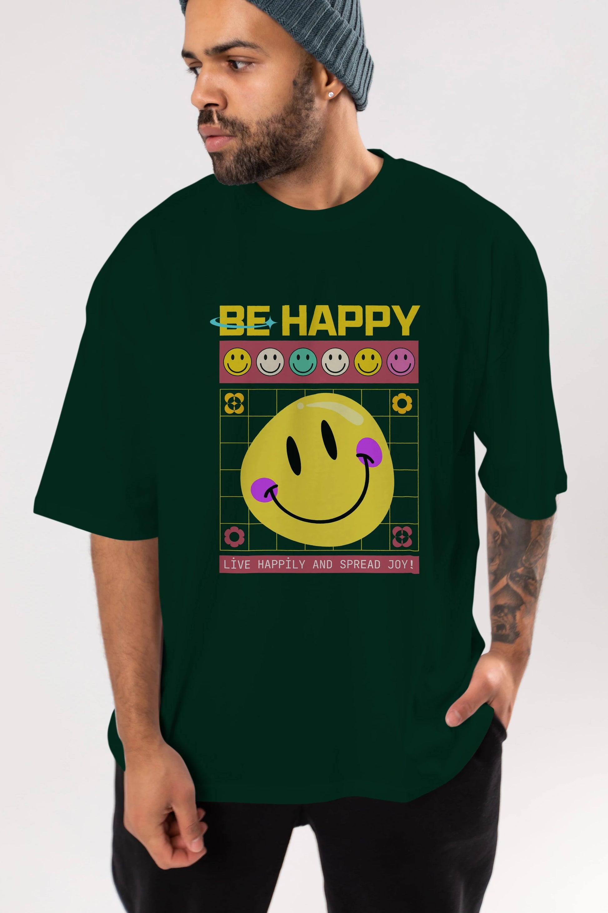 Be Happy Yazılı Ön Baskılı Oversize t-shirt Erkek Kadın Unisex