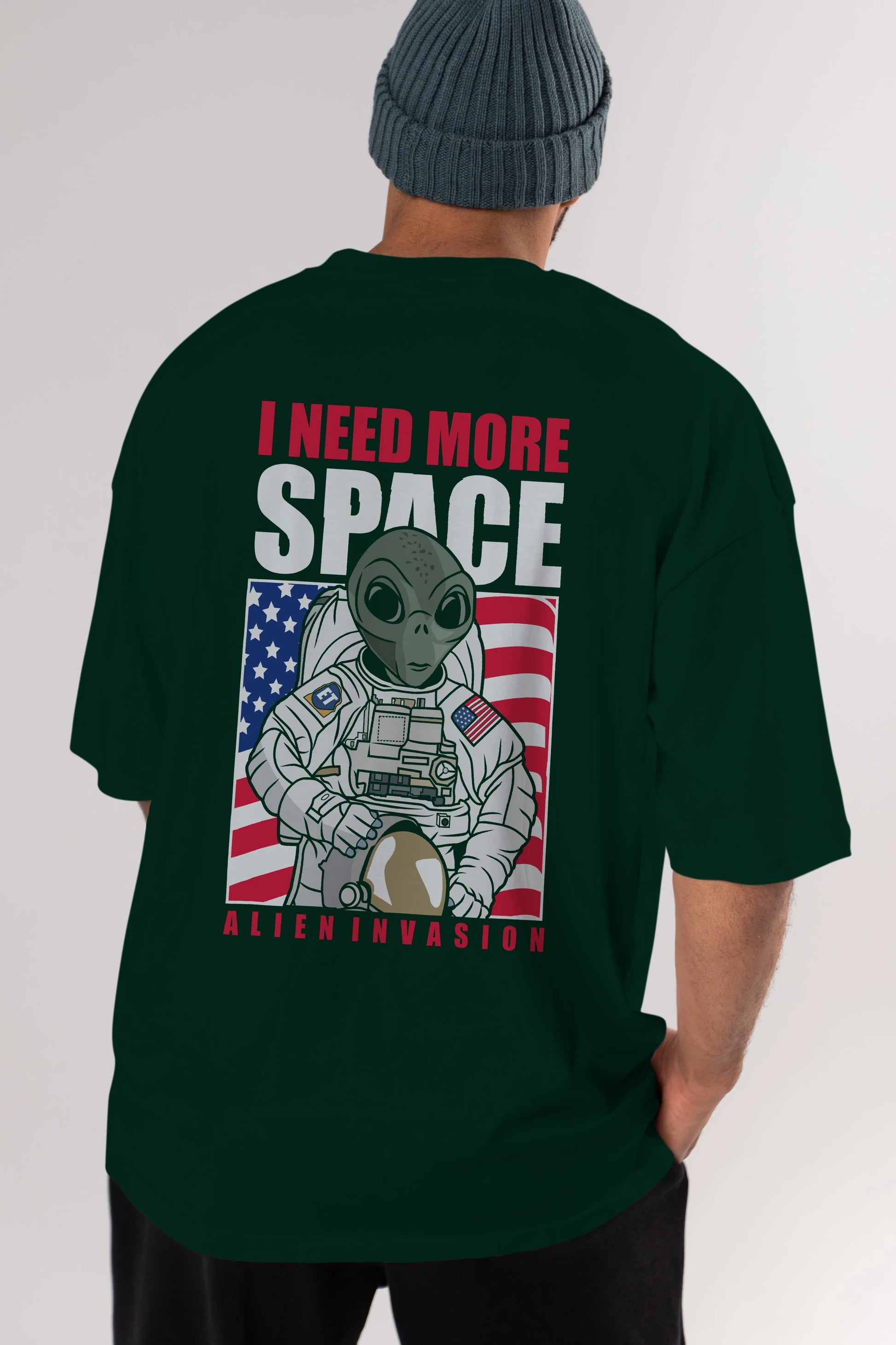 Alien Astronaut Arka Baskılı Oversize t-shirt Erkek Kadın Unisex %100 Pamuk tişort