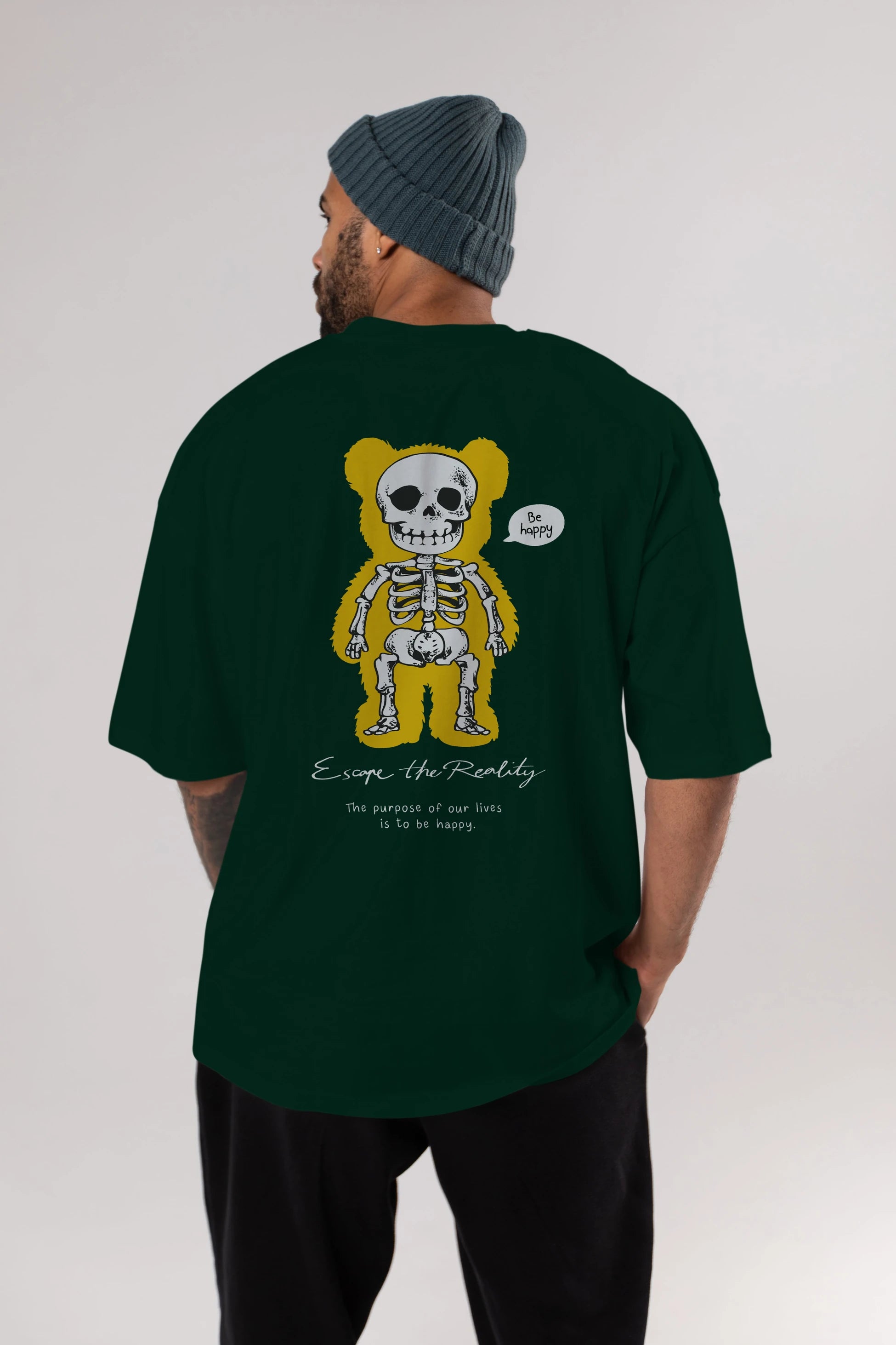 Be Happy Bear Arka Baskılı Oversize t-shirt Erkek Kadın Unisex