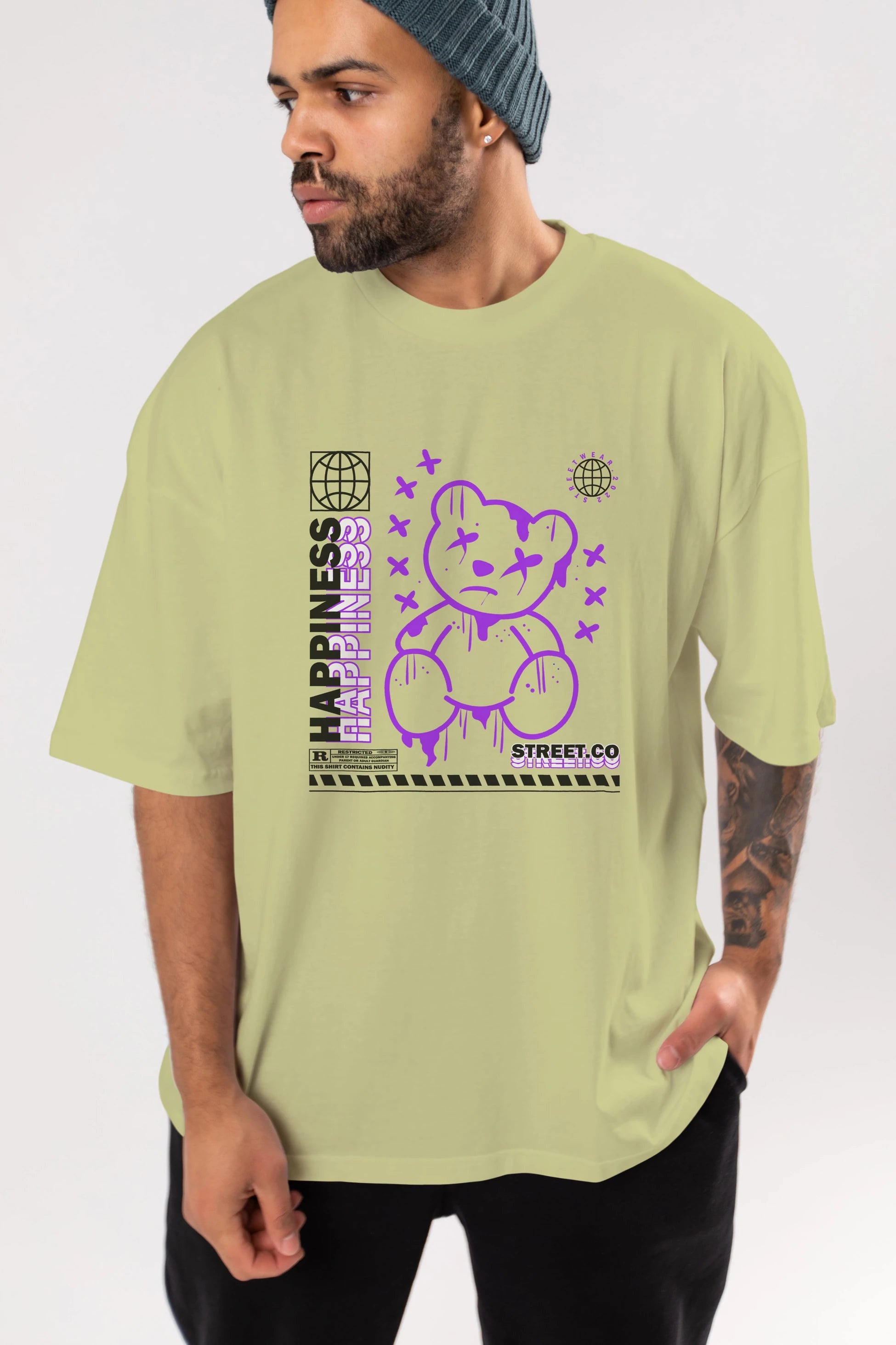 Happiness Bear 3 Ön Baskılı Oversize t-shirt Erkek Kadın Unisex
