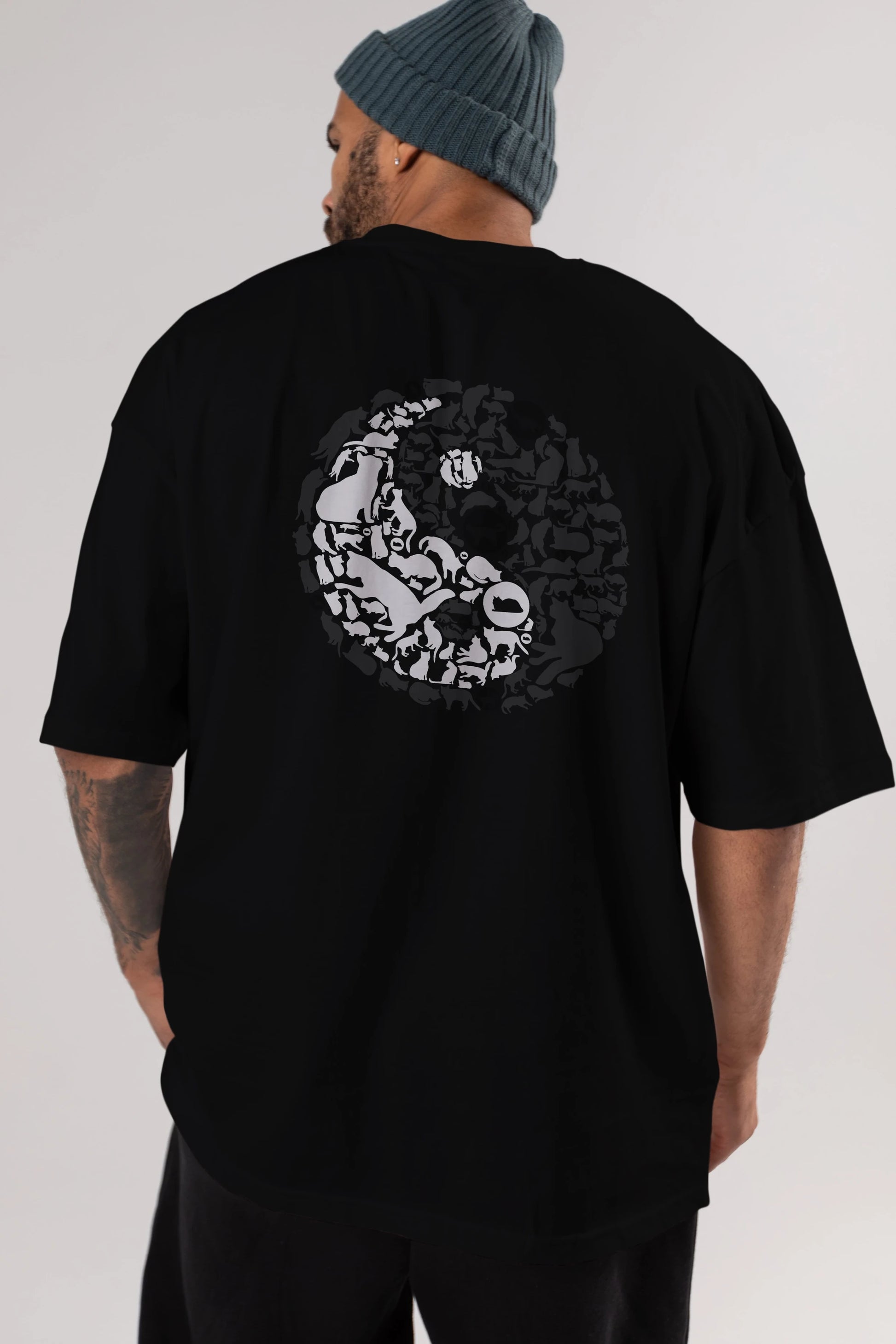 YinYang Cats Arka Baskılı Oversize t-shirt %100 pamuk Erkek Kadın Unisex