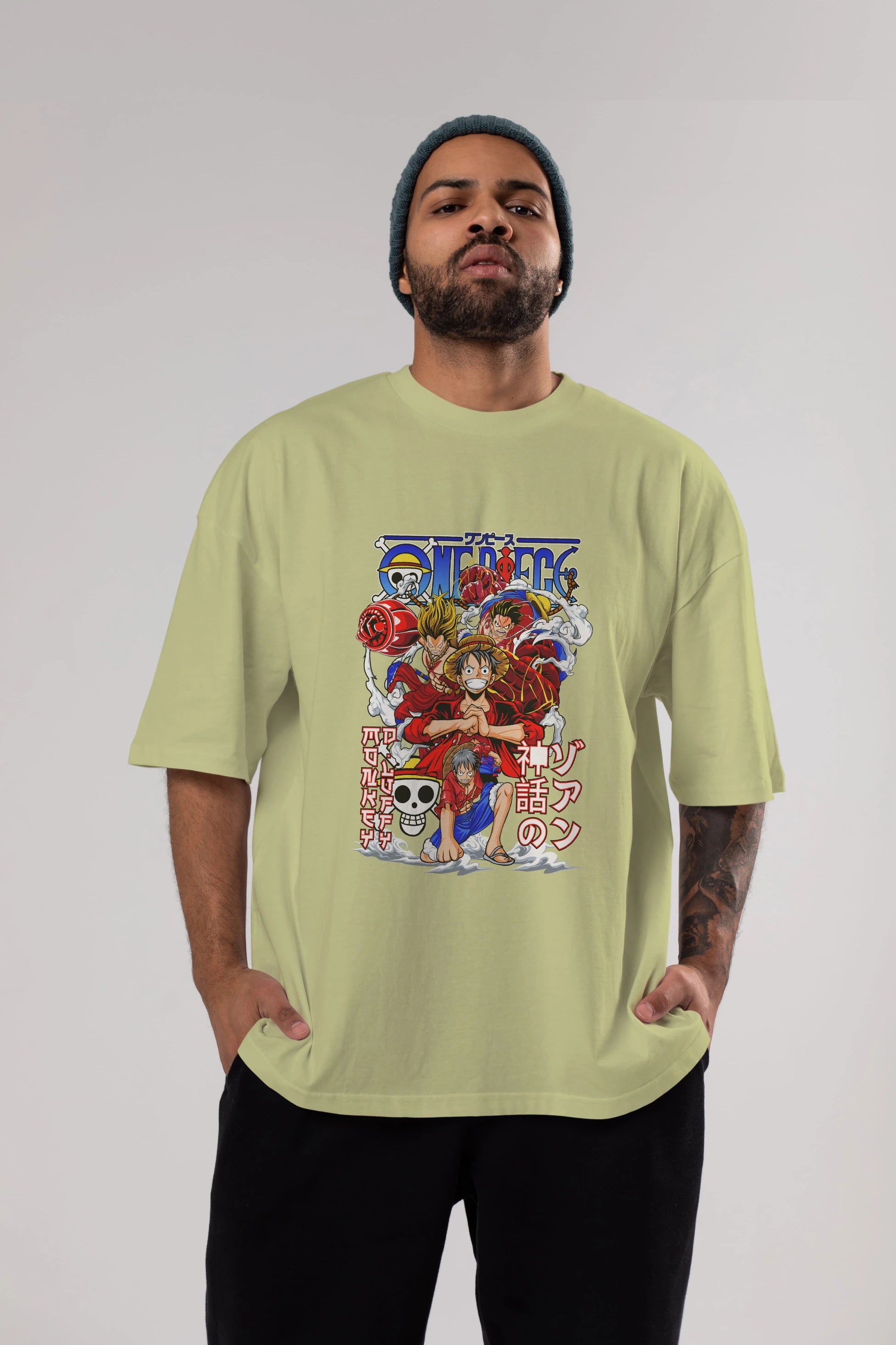 MONKEY D. LUFF-ONE PIECE 2 Anime Ön Baskılı Oversize t-shirt %100 pamuk Erkek Kadın Unisex