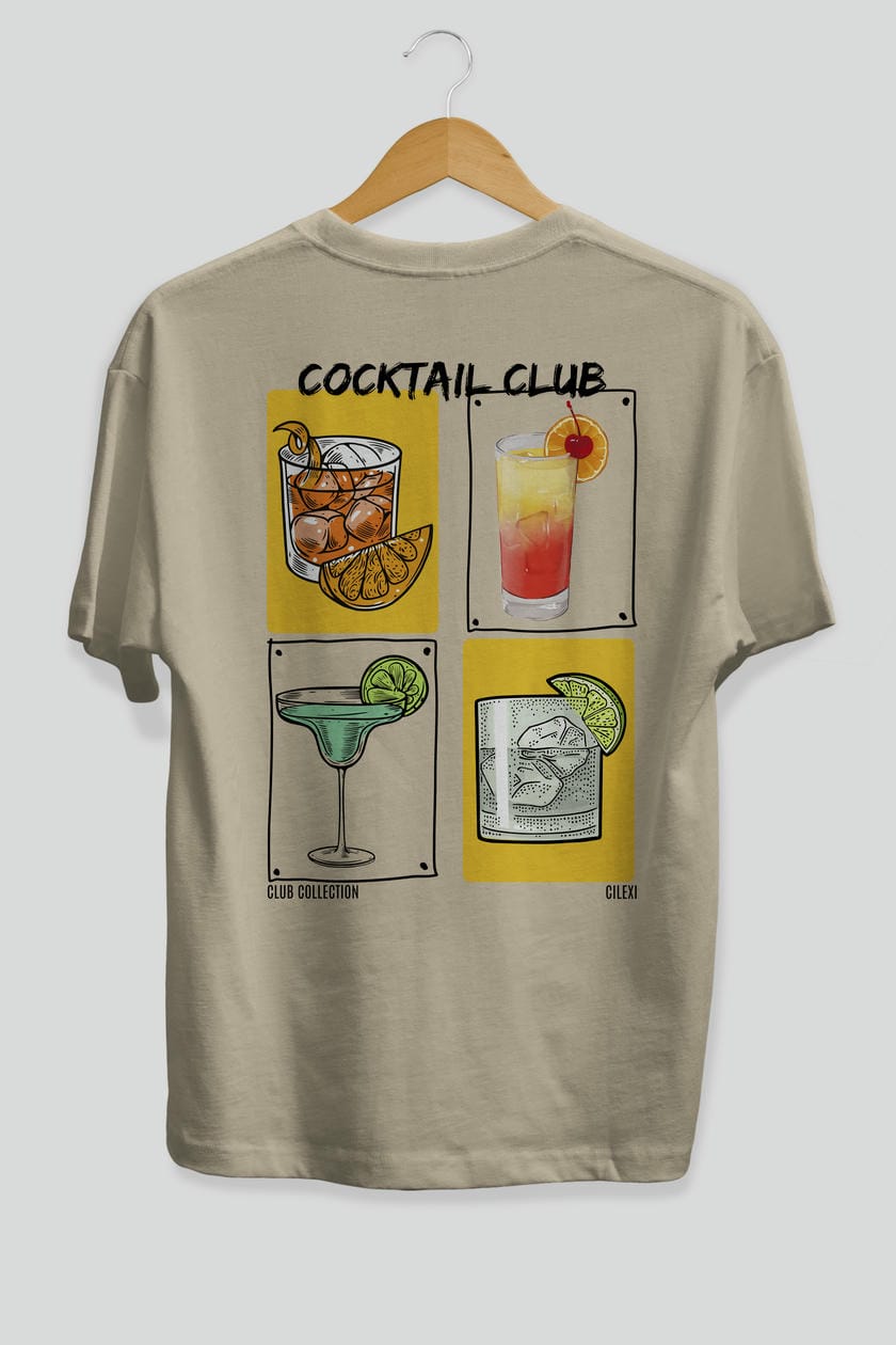 Cocktail Club Arka Baskılı Oversize t-shirt Erkek Kadın %100 Pamuk Bisiklet Yaka tişort