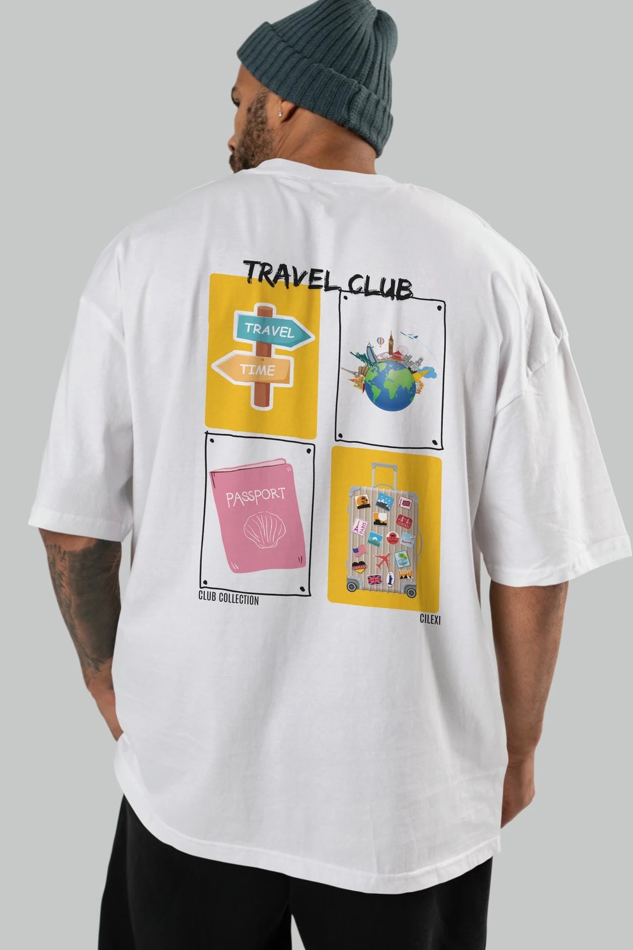 Travel Club Arka Baskılı Oversize t-shirt Erkek Kadın %100 Pamuk Bisiklet Yaka tişort