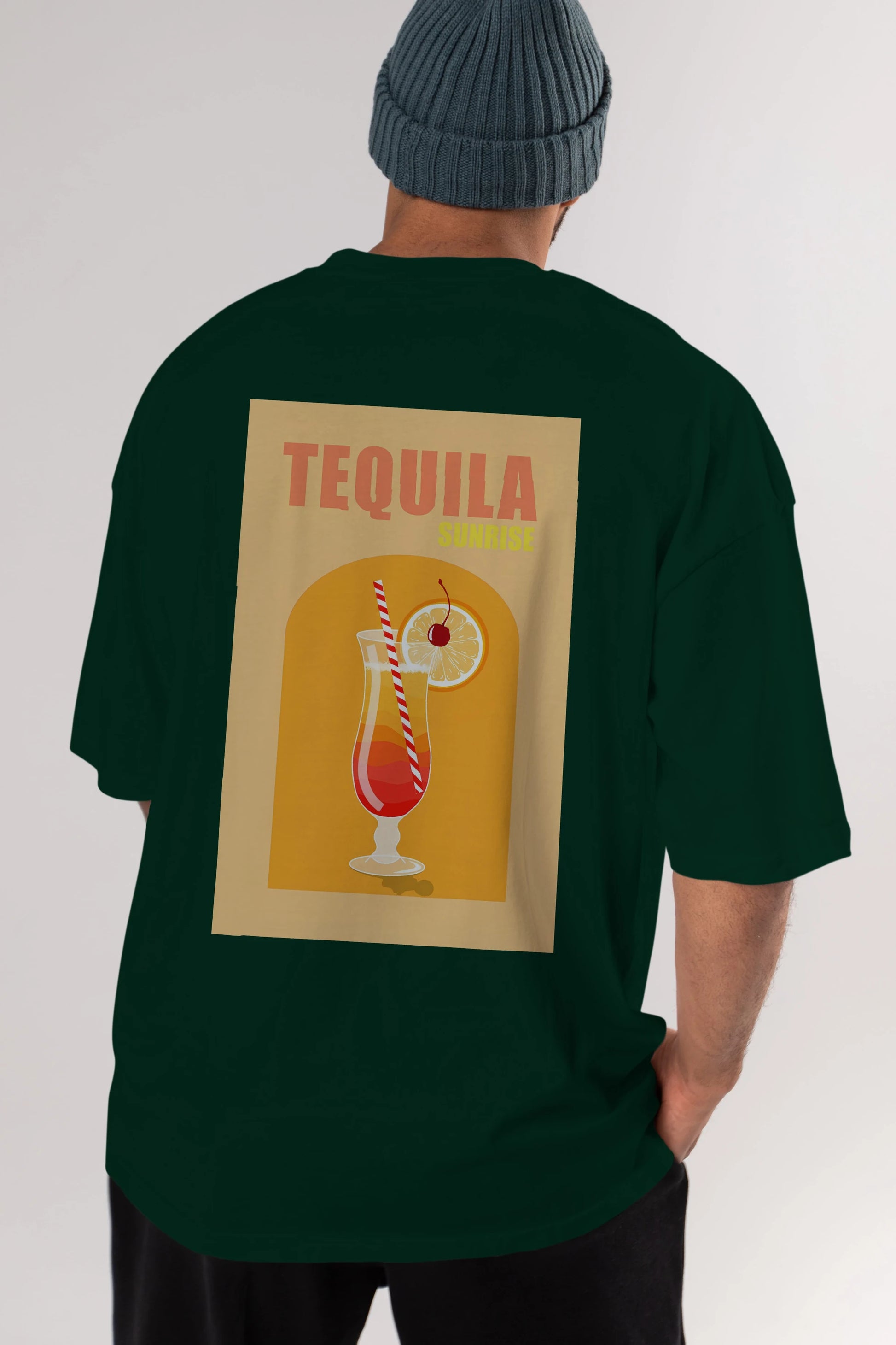Tequila Sunrise Arka Baskılı Oversize t-shirt Erkek Kadın Unisex %100 Pamuk Bisiklet Yaka tişort