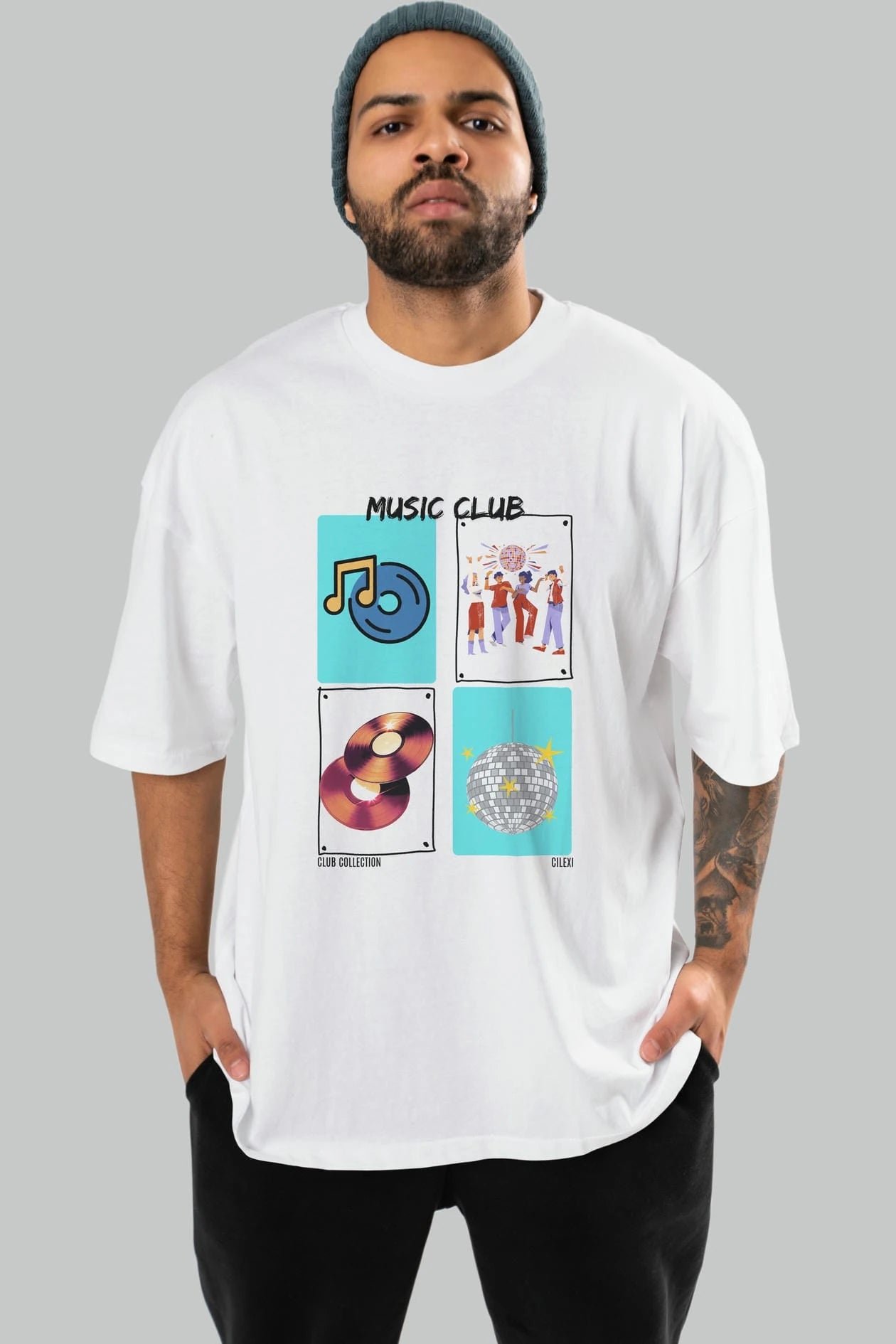 Music Club ön Baskılı Oversize t-shirt Erkek Kadın %100 Pamuk Bisiklet Yaka tişort