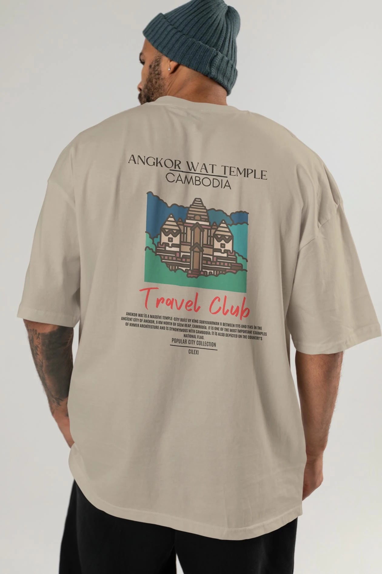 Angkor Wat Temple Cambodia Arka Baskılı Oversize t-shirt Erkek Kadın Pamuk Bisiklet Yaka tişort