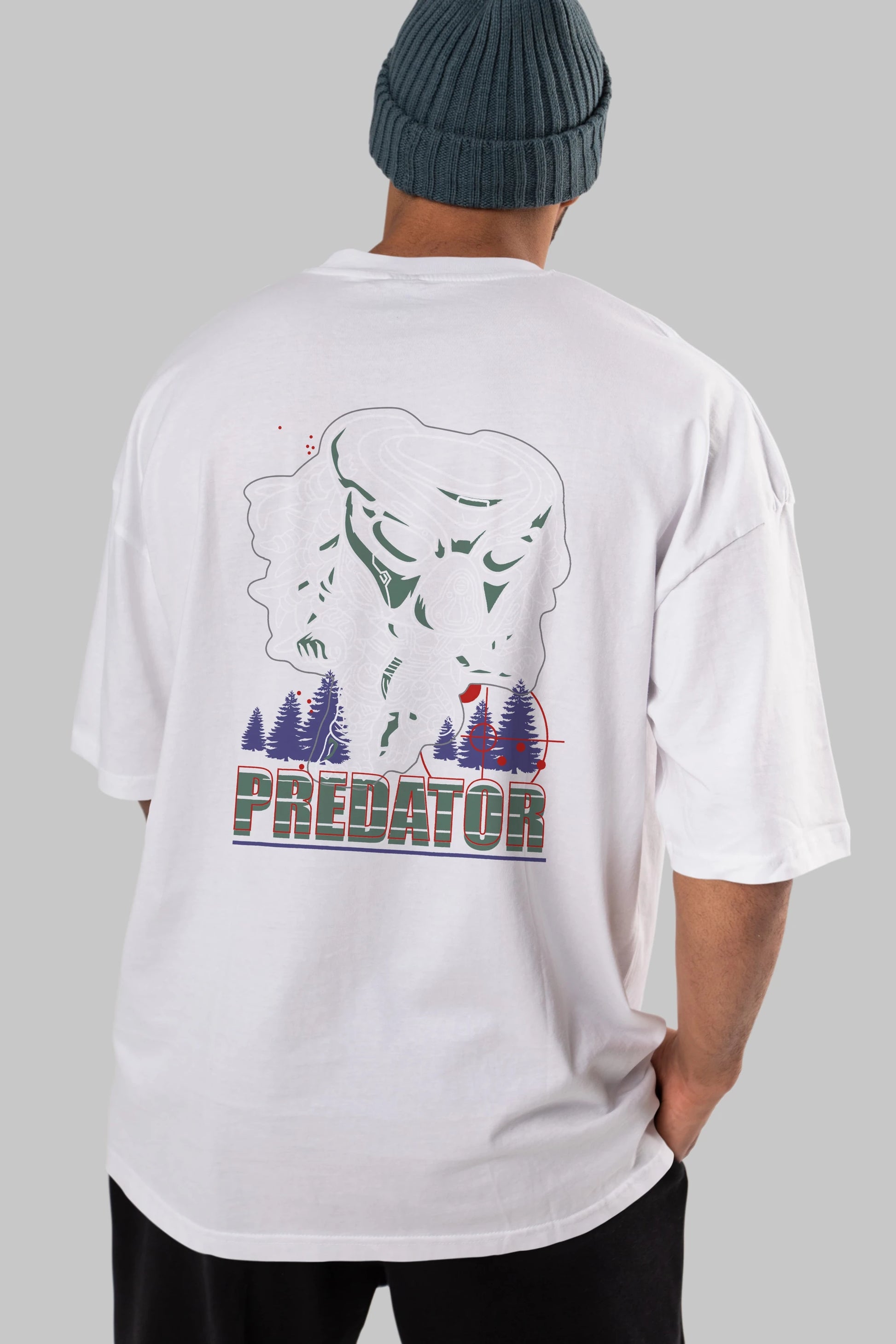 Predator Arka Baskılı Oversize t-shirt Erkek Kadın Unisex %100 Pamuk Bisiklet Yaka tişort