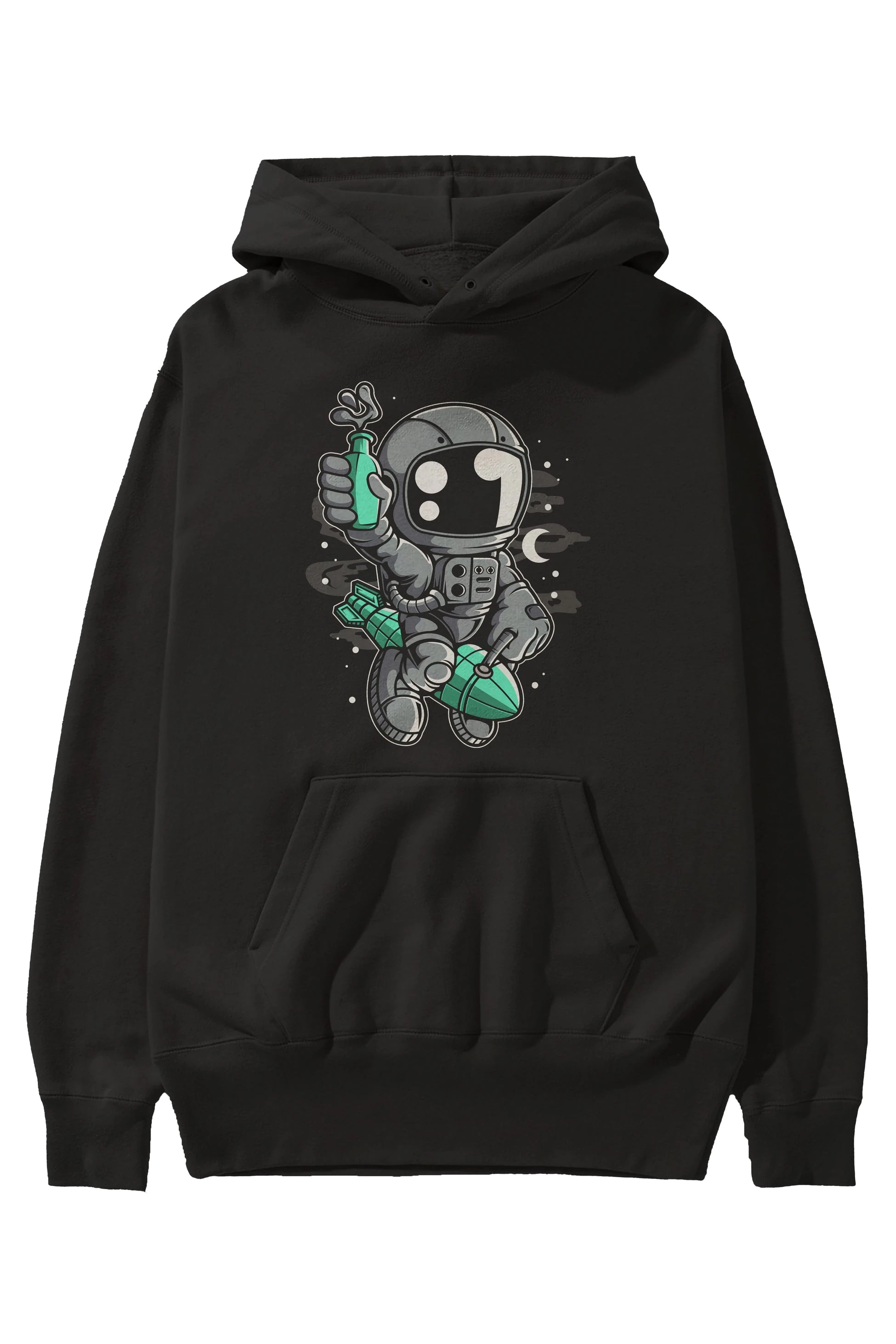 Astronaut Rocket Ön Baskılı Hoodie Oversize Kapüşonlu Sweatshirt Erkek Kadın Unisex