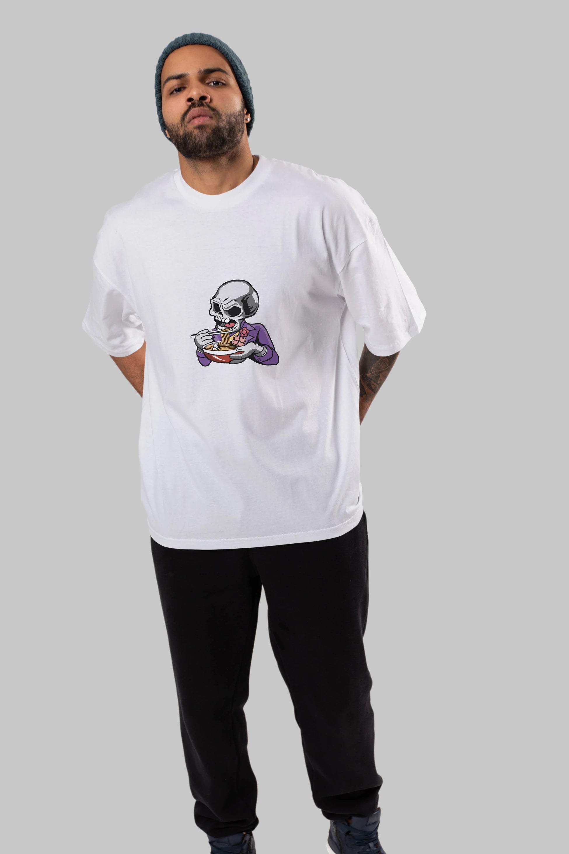 Skull Ramen Ön Baskılı Oversize t-shirt Erkek Kadın Unisex %100 Pamuk tişort