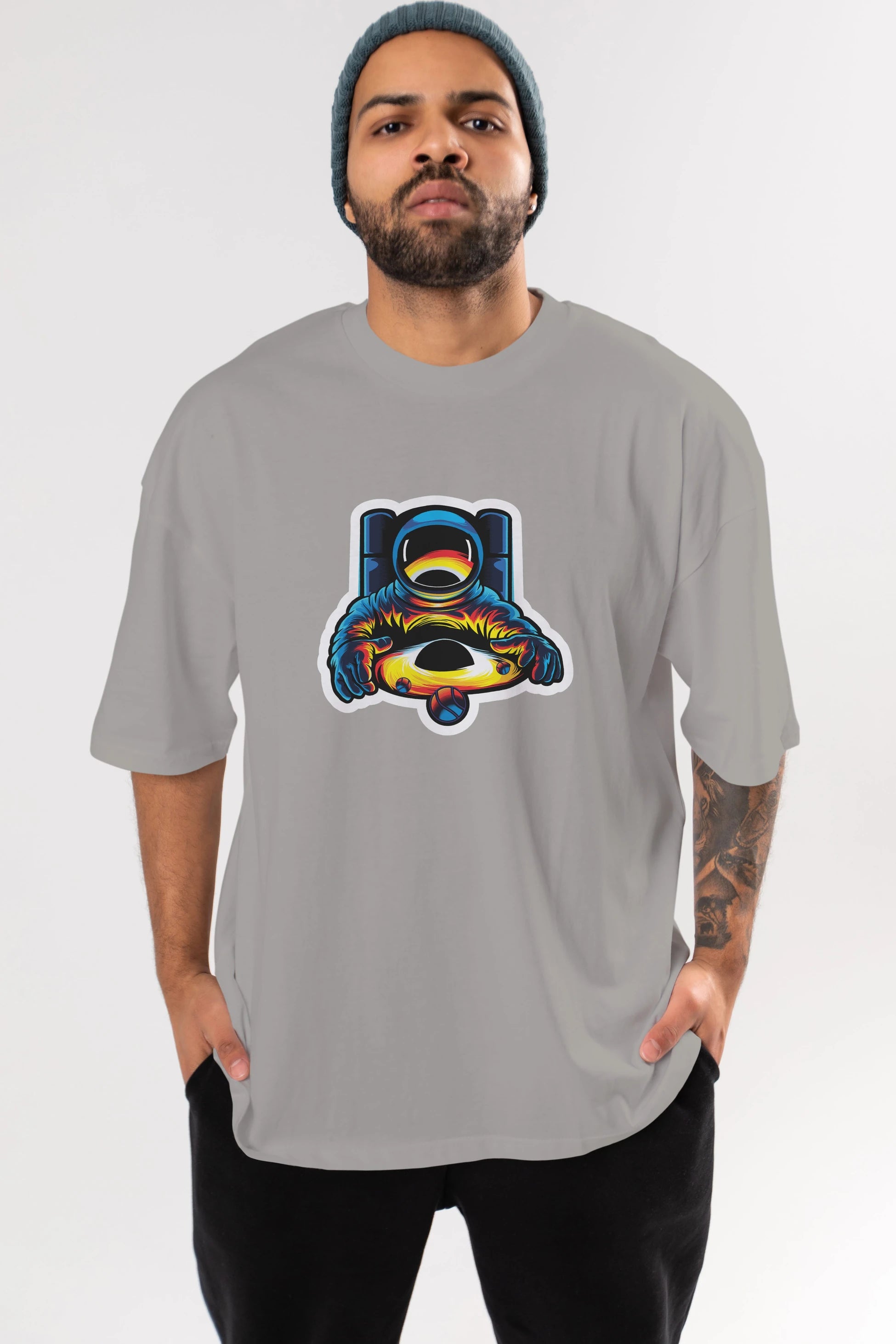 Astronaut & Black Hole Sticker Ön Baskılı Oversize t-shirt Erkek Kadın Unisex
