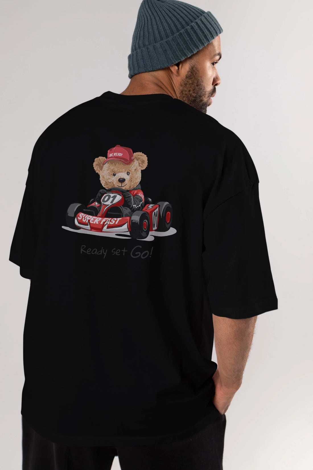 Teddy Bear Ready Set Go Arka Baskılı Oversize t-shirt Erkek Kadın Unisex %100 Pamuk