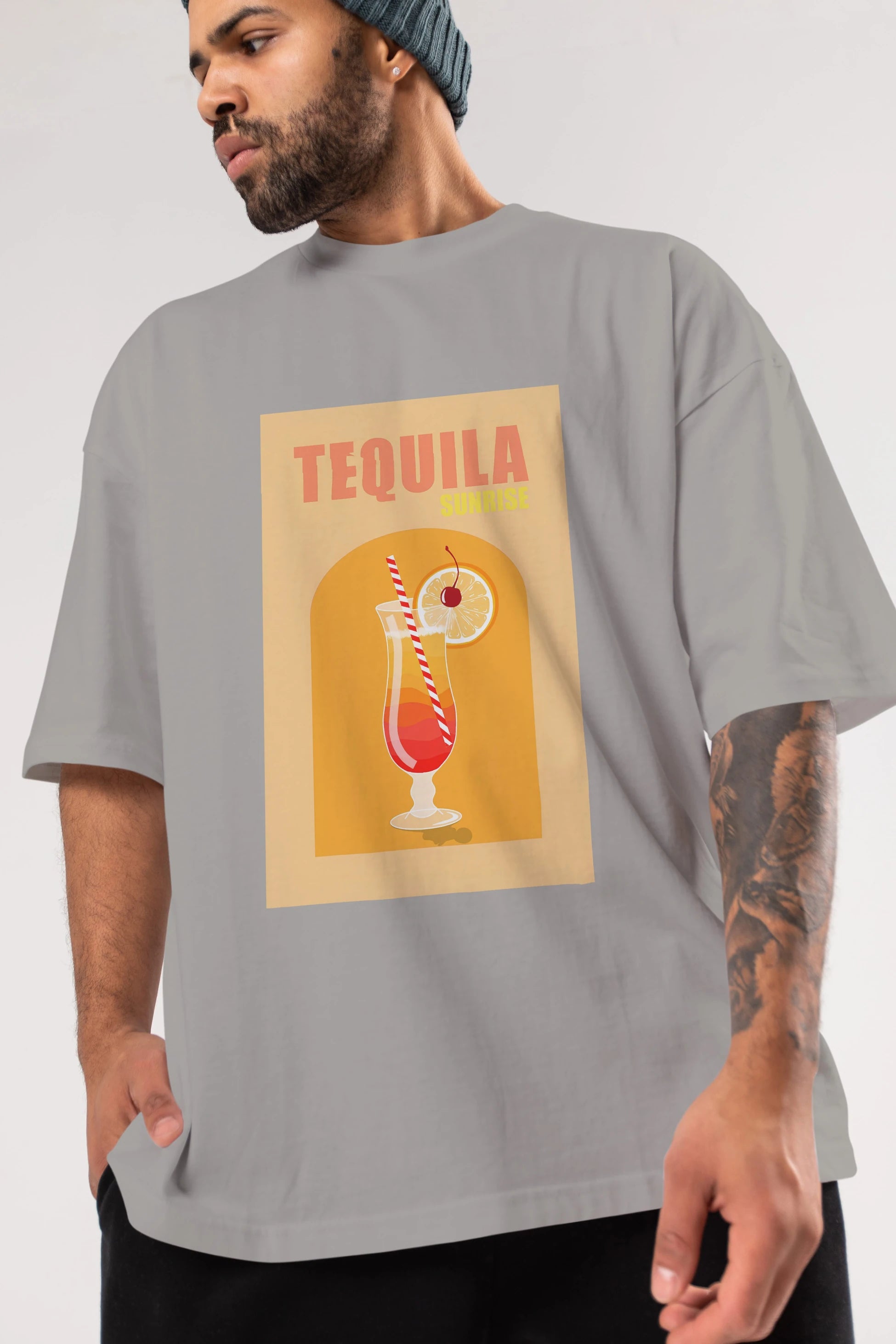 Tequila Sunrise Ön Baskılı Oversize t-shirt Erkek Kadın Unisex %100 Pamuk Bisiklet Yaka tişort