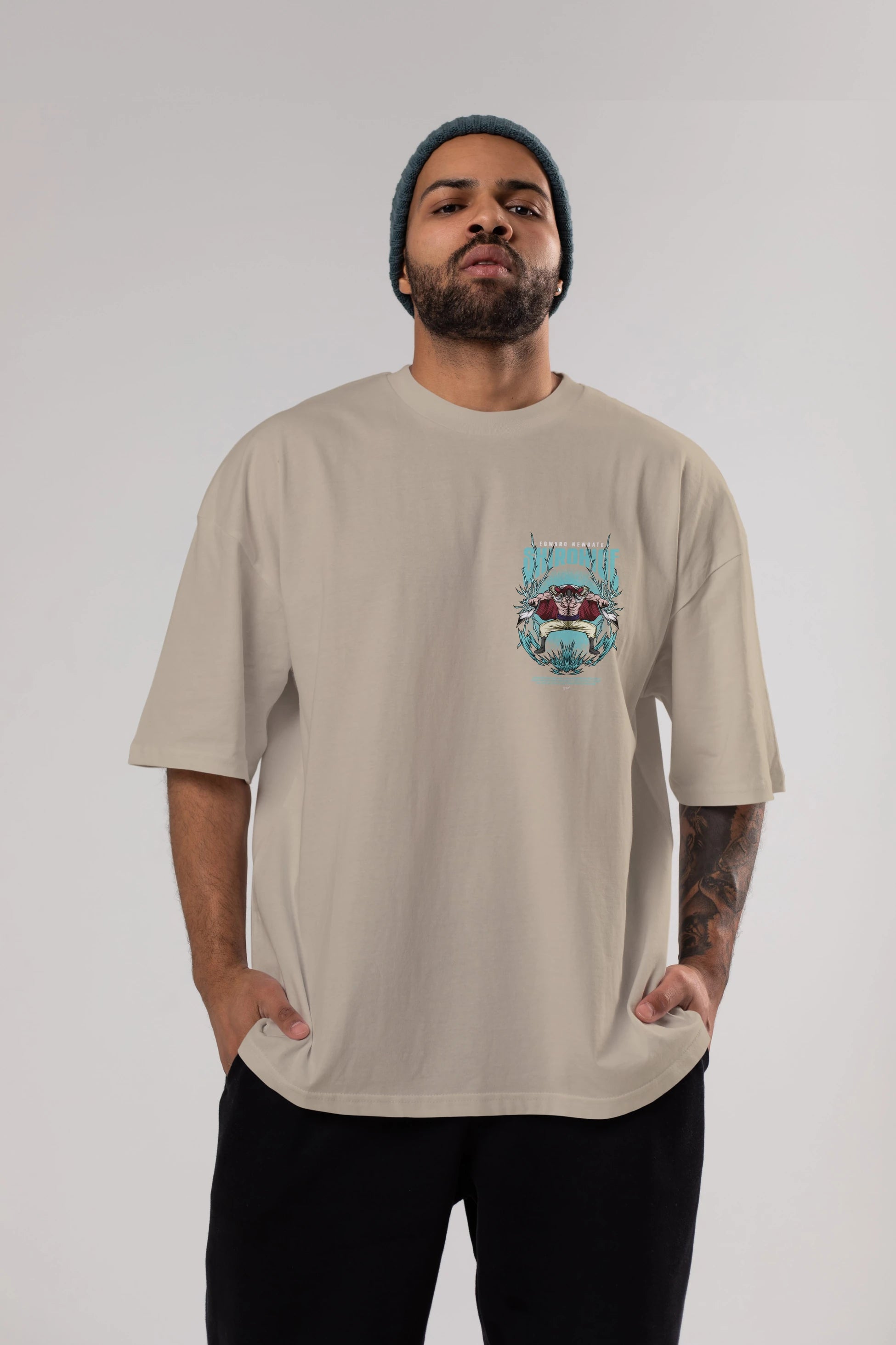 Shirohige Ön Sol Baskılı Oversize t-shirt Erkek Kadın Unisex %100 Pamuk Bisiklet Yaka tişort
