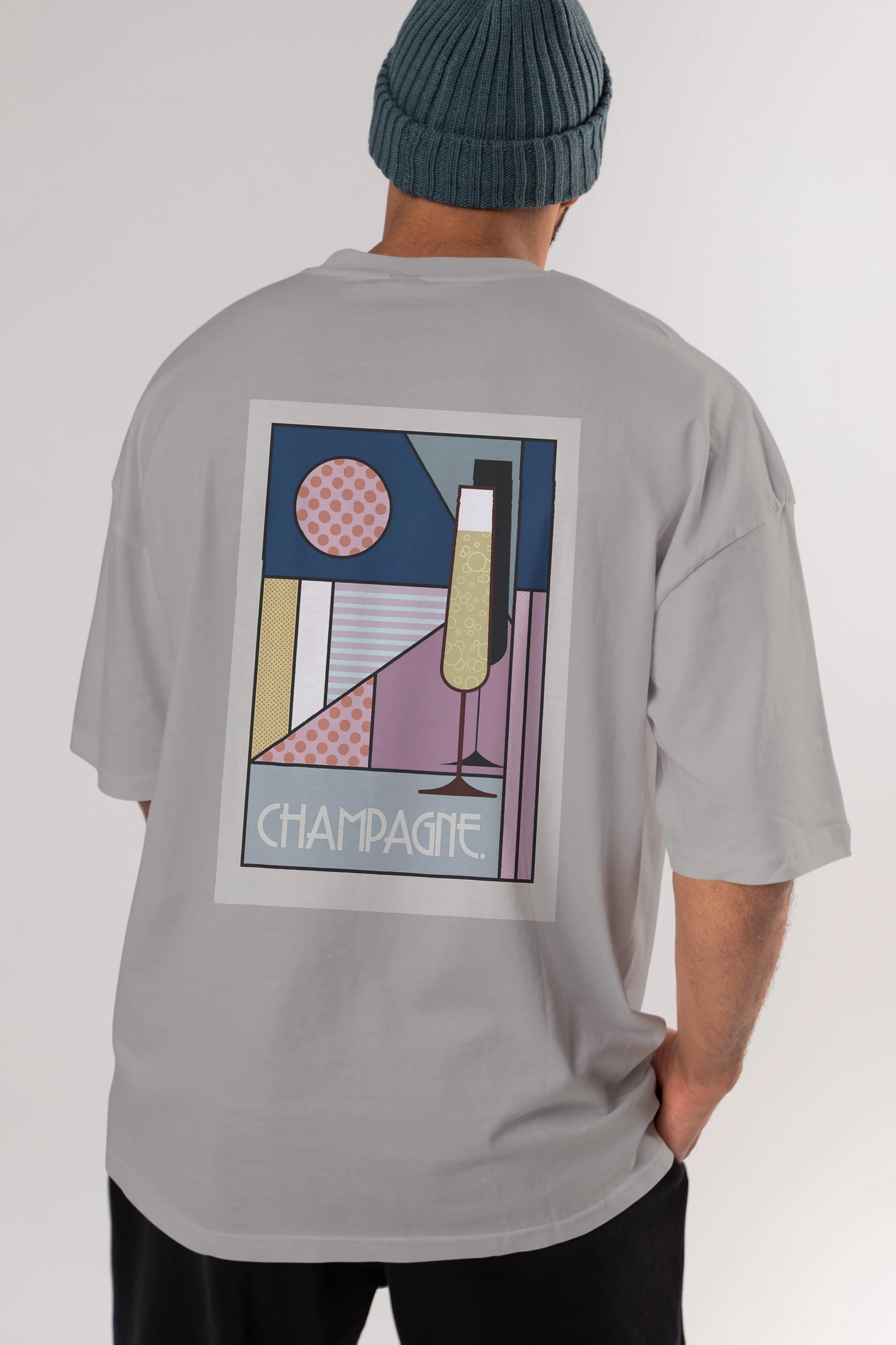 Champagne Arka Baskılı Oversize t-shirt Erkek Kadın Unisex %100 Pamuk Bisiklet Yaka tişort