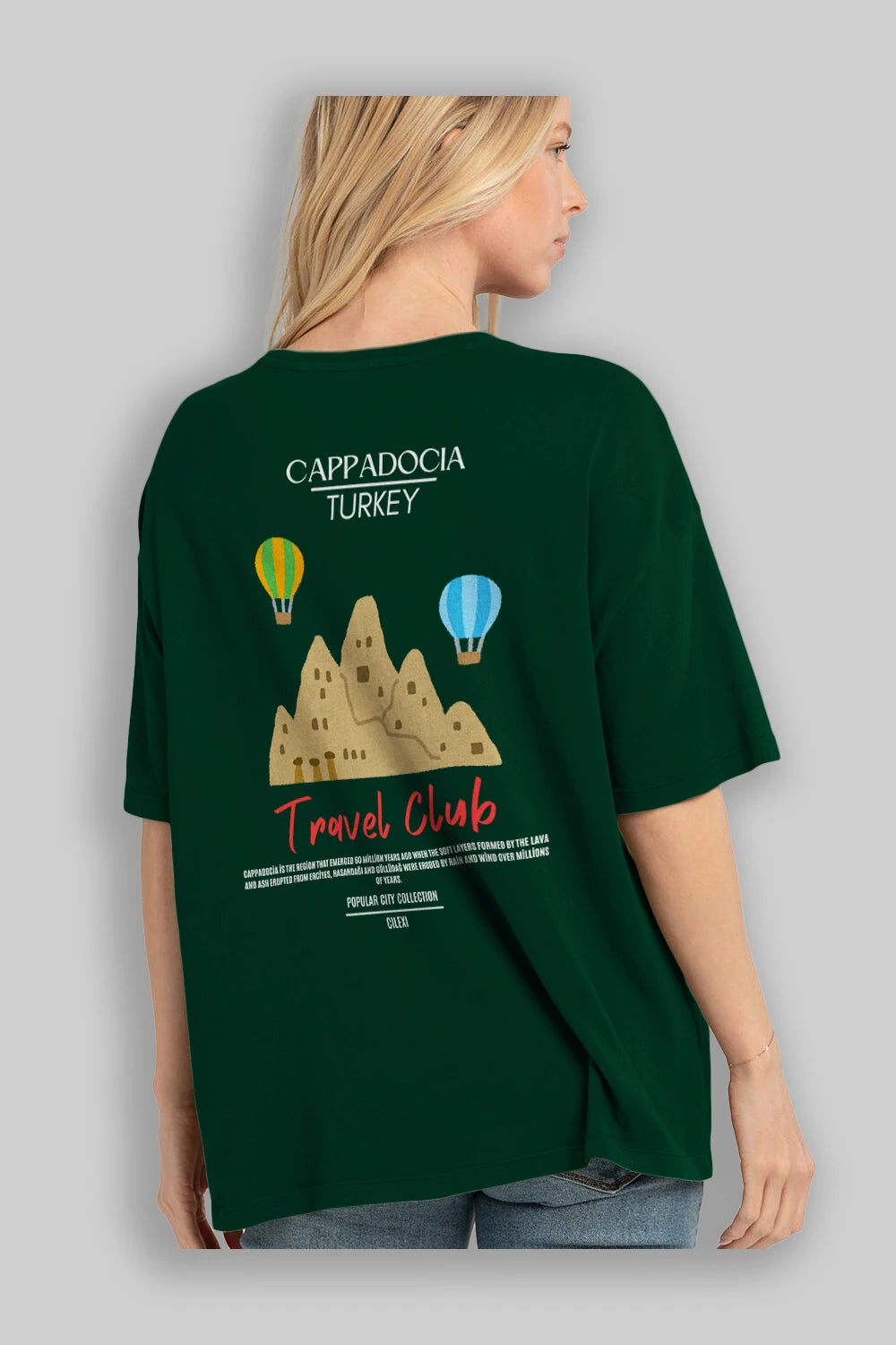 Cappadocia Turkey Arka Baskılı Oversize t-shirt Erkek Kadın Pamuk Bisiklet Yaka tişort