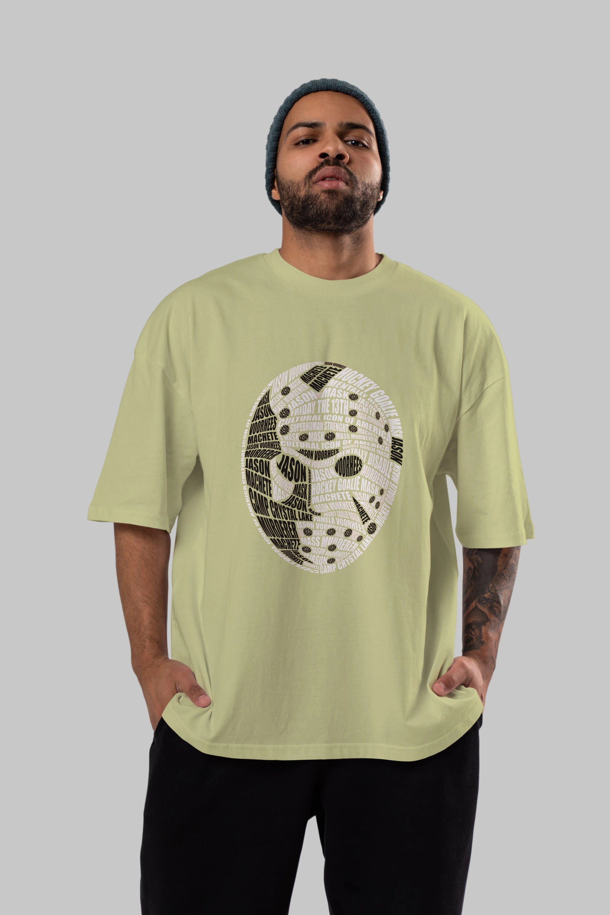 Jason Voorhees Calligram Ön Baskılı Oversize t-shirt %100 pamuk Erkek Kadın Unisex