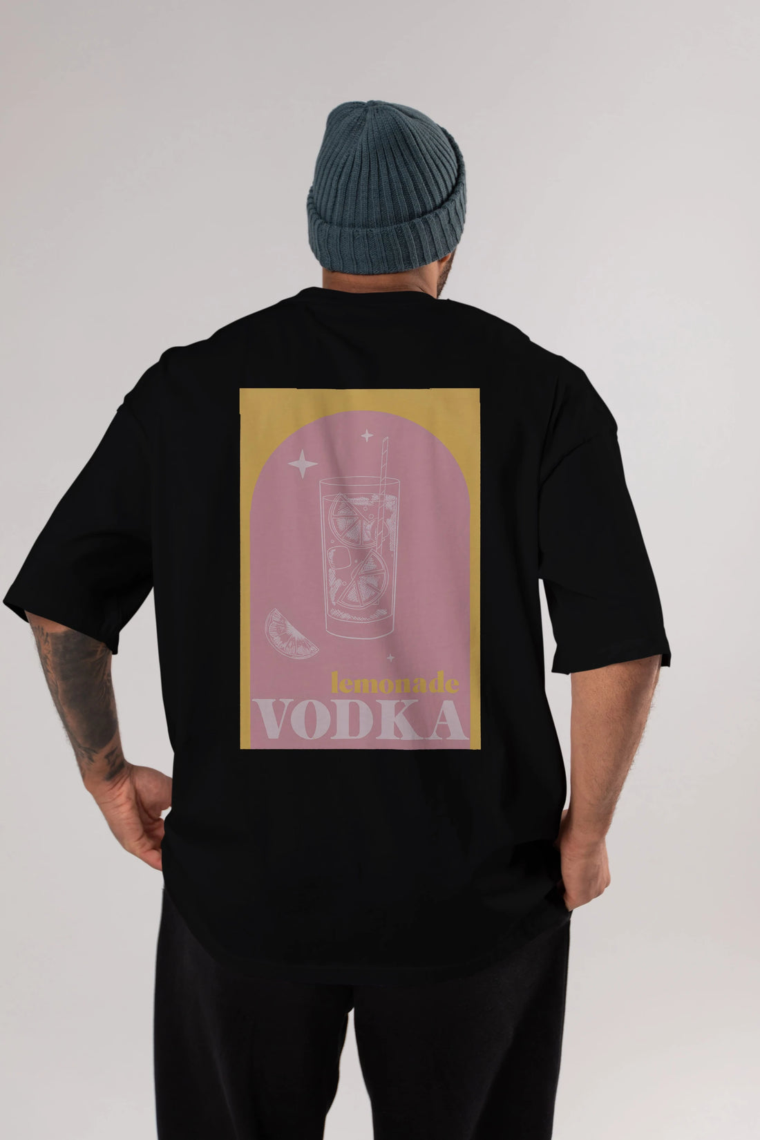 Vodka Limon Arka Baskılı Oversize t-shirt Erkek Kadın Unisex %100 Pamuk Bisiklet Yaka tişort